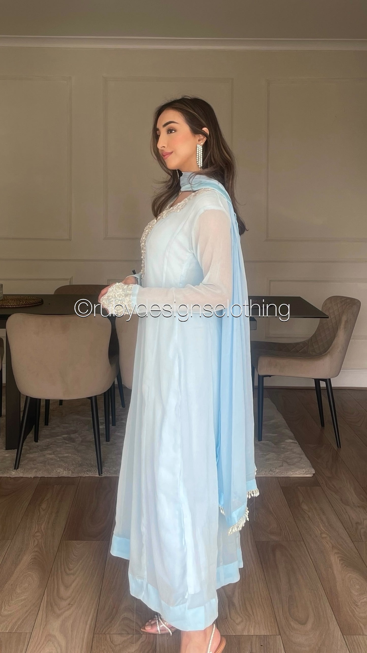 FALAK - 3 Piece Ice Blue Chiffon Dress with Chiffon Dupatta (8340660617429) (8748153077973) (8748155797717)