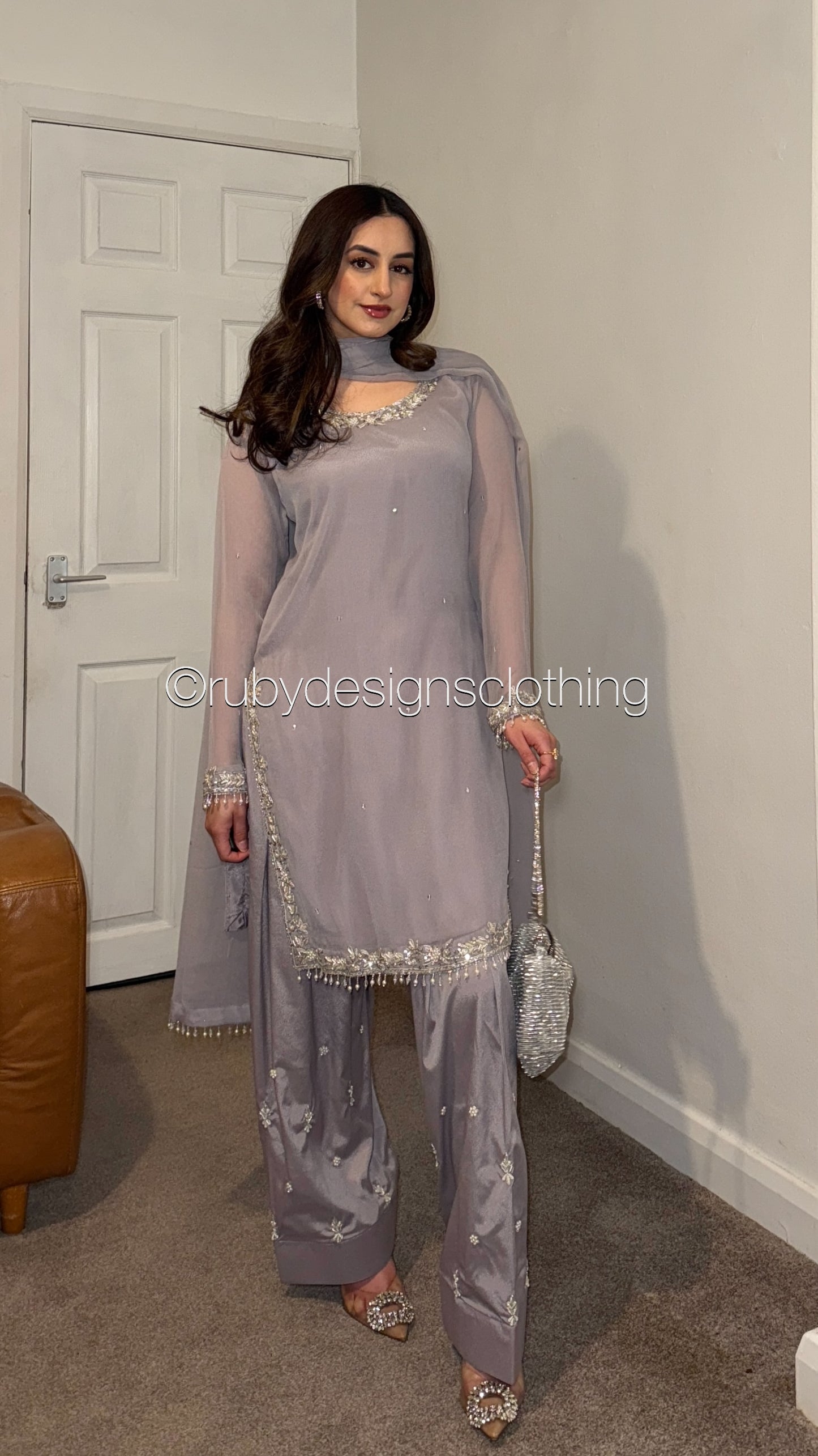 AYRA Dusk - 3 Piece Muted Lilac Chiffon Suit with Farshi Shalwar