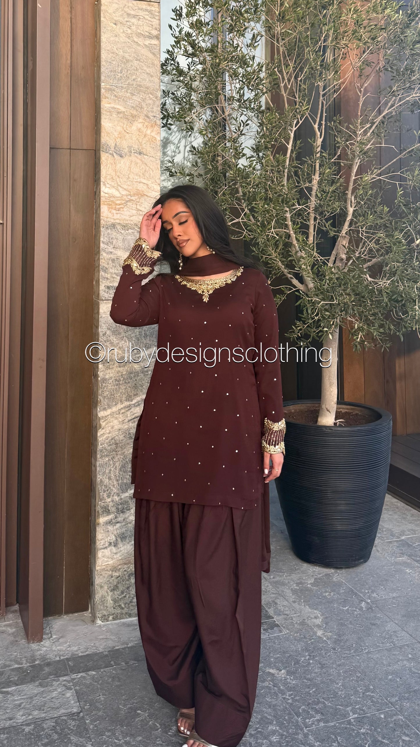RAHA Mocha - Luxury 3 Piece Chiffon Suit with Farshi Shalwar