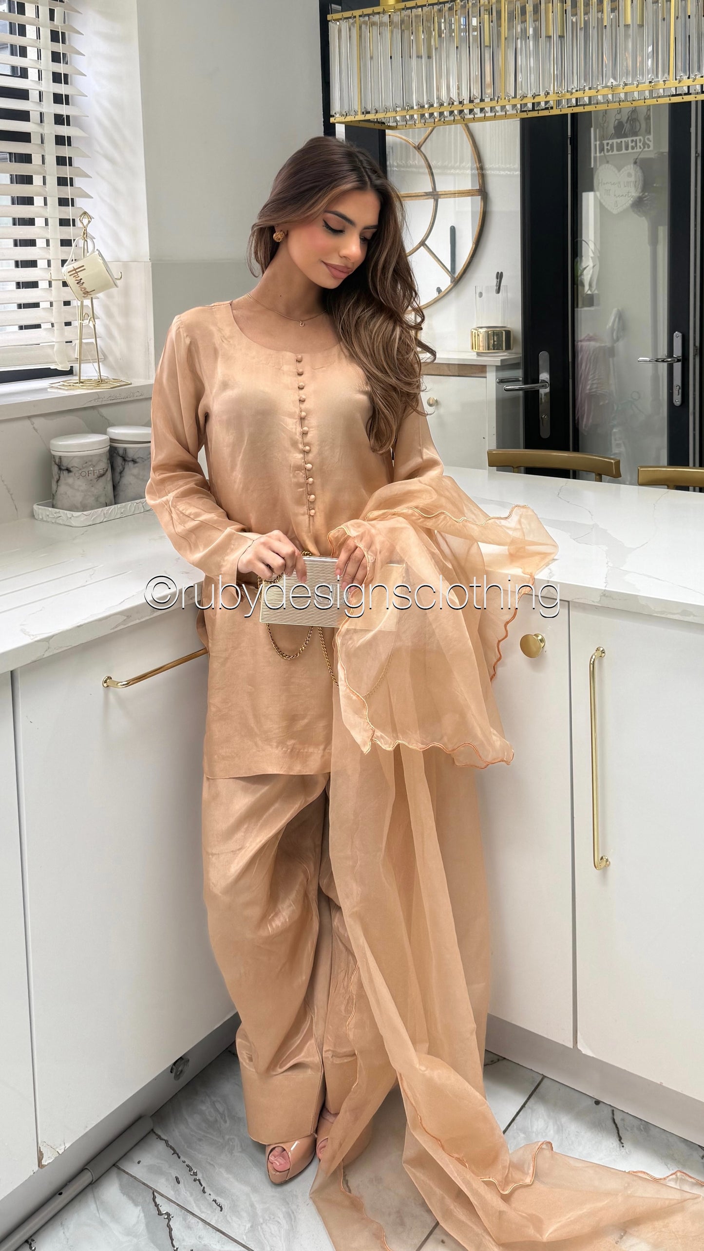 RIMA Honey - 3 Piece Russian Silk Suit with Farshi Shalwar
