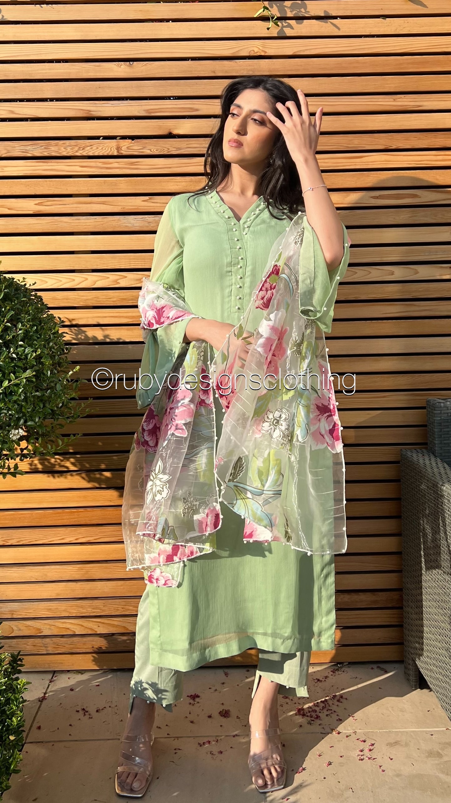 ARIA Sage - 3 Piece Sage Green Chiffon Suit with Chiffon Dupatta (8371704070357) (8748005654741)