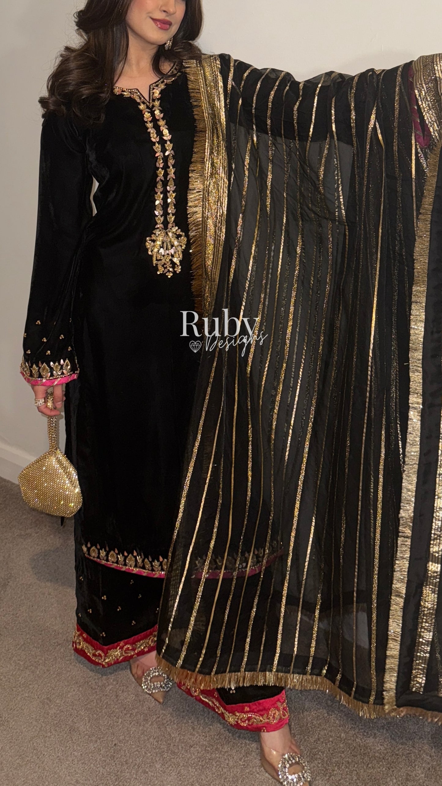 NAYAB - 3 Piece Luxury Velvet Suit with Gold Handwork