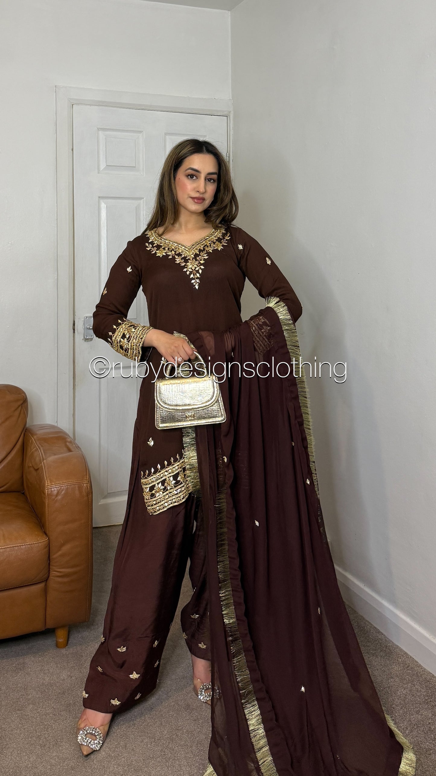 SAJAL Cocoa - 3 Piece Chiffon Suit with Farshi Shalwar and Gota Handwork