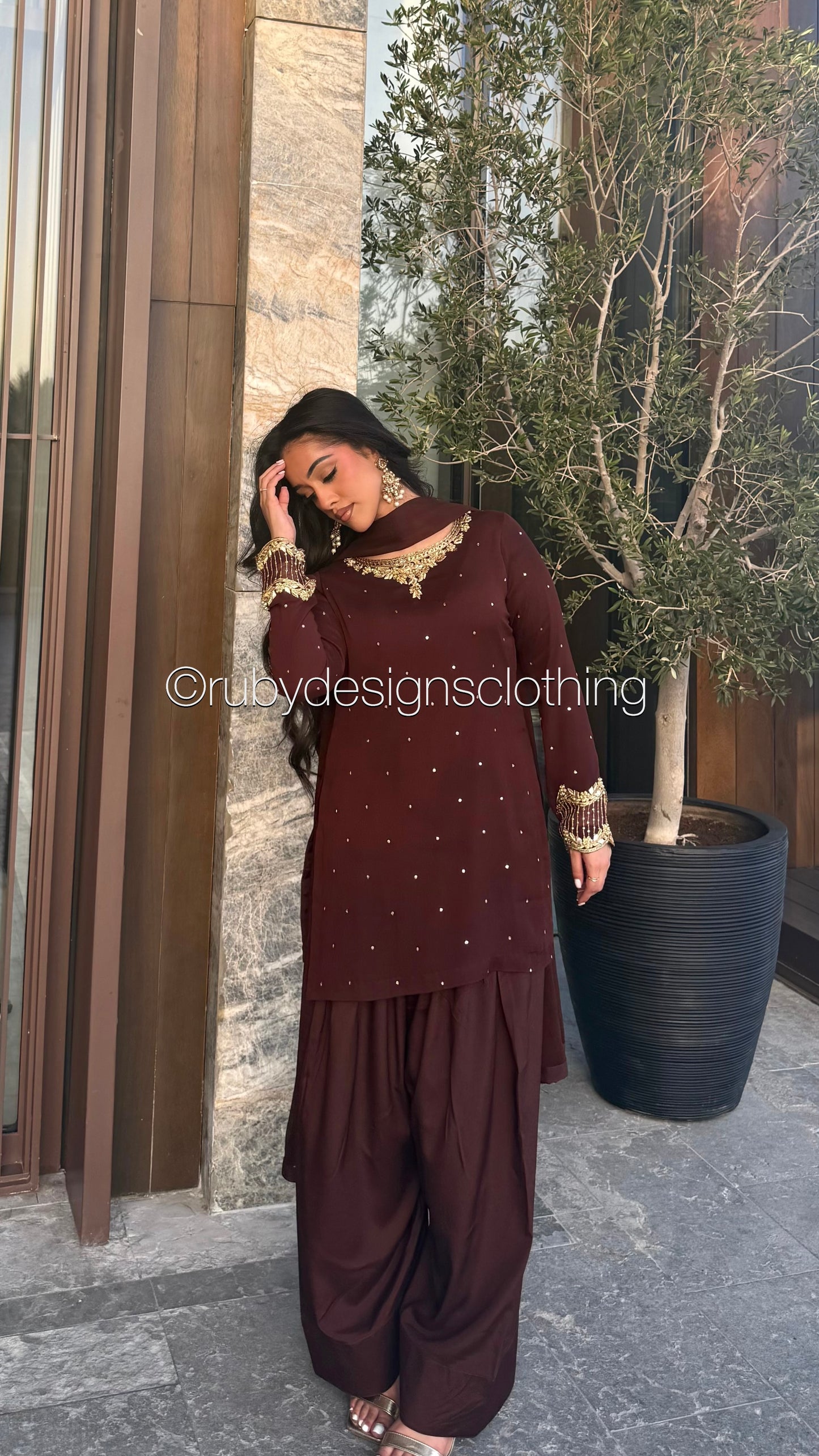 RAHA Mocha - Luxury 3 Piece Chiffon Suit with Farshi Shalwar