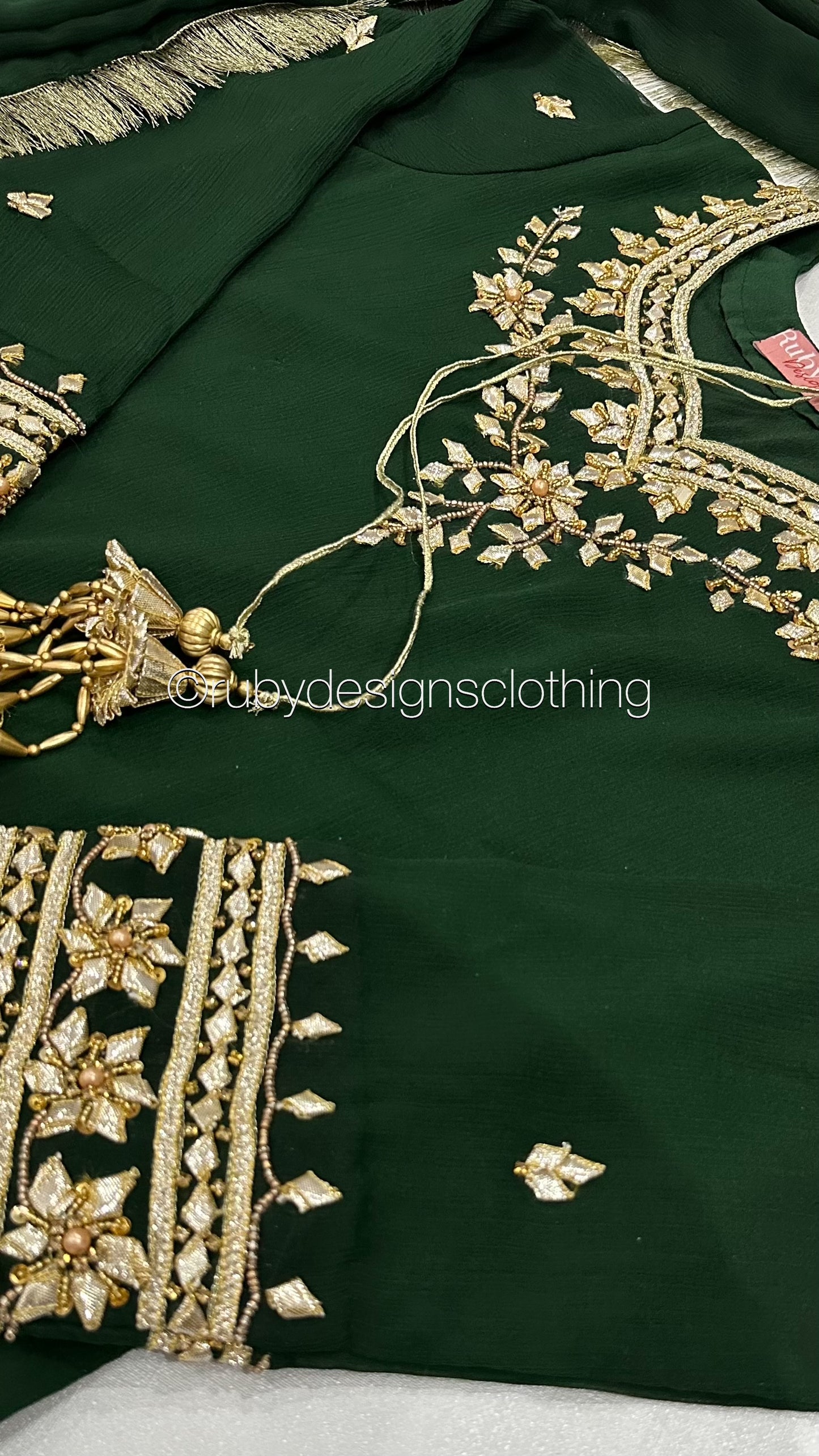 SAJAL Emerald - 3 Piece Chiffon Suit with Farshi Shalwar and Gota Handwork