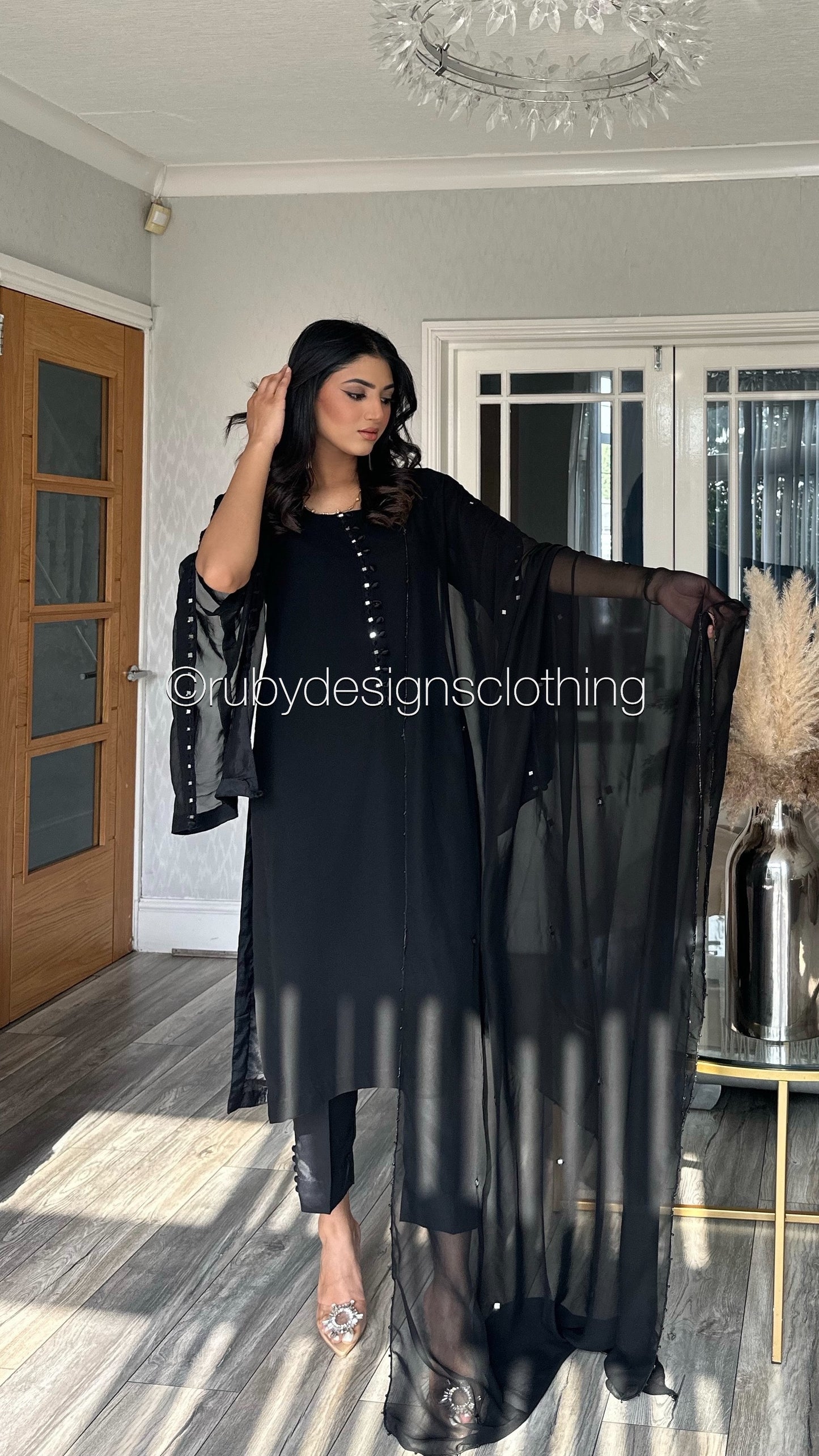 KAYRA Black - 3 Piece Black Chiffon Suit with Split Sleeve (8151996465365)