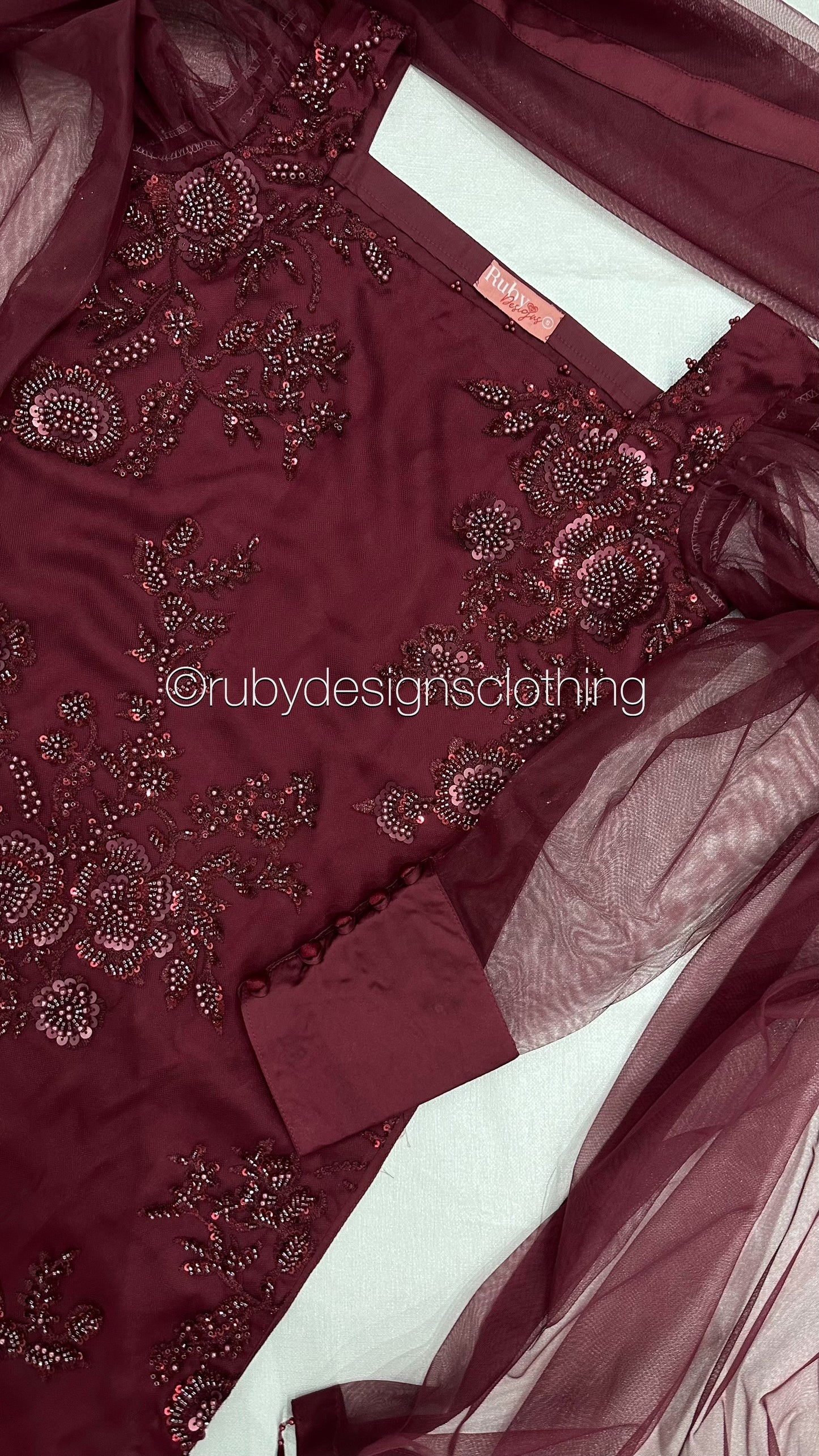 DINA - 3 Piece Deep Red Net Suit with Net Dupatta and Tassels (8301864255701)