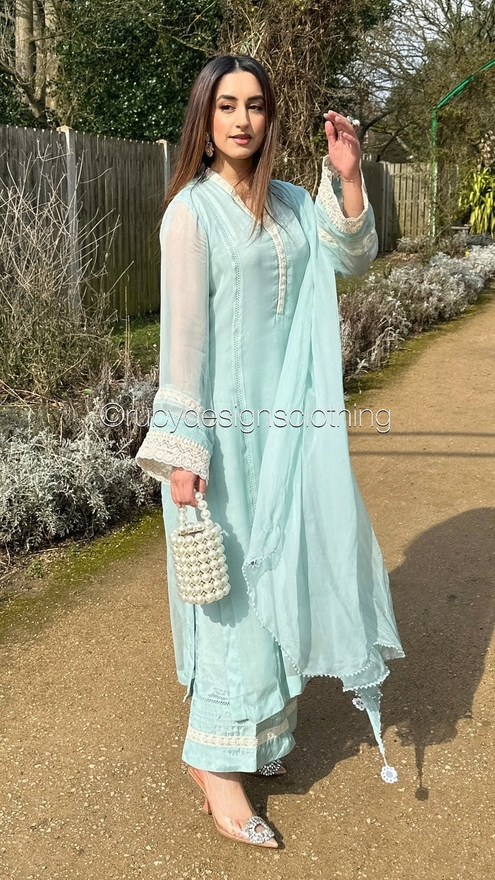 SABREENA- 3 Piece Baby Blue Chiffon Suit with Wide Leg Trouser (8340664058069)