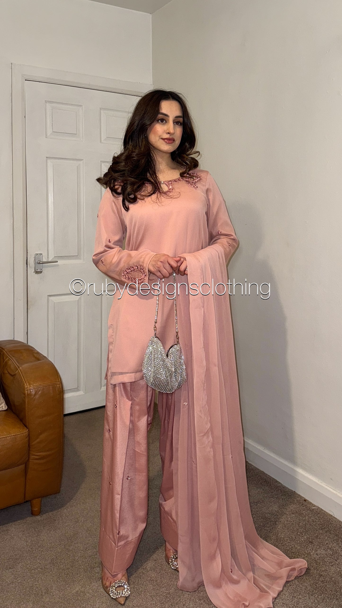 AINA Rose - 3 Piece Pink Chiffon Suit with Farshi Shalwar