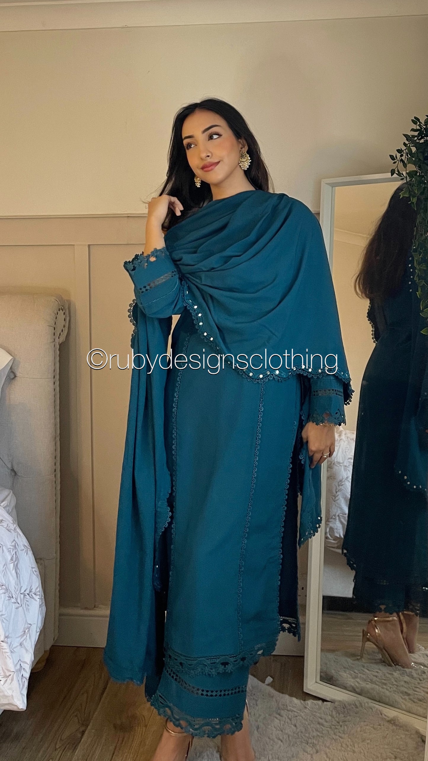SAHAR - 3 Piece Teal Linen Suit with Shawl (8219888779477)