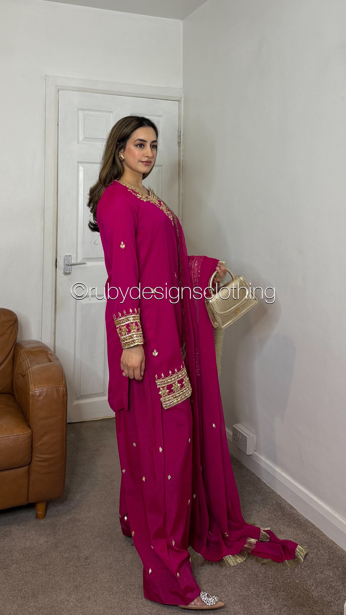 SAJAL Rose - 3 Piece Chiffon Suit with Farshi Shalwar and Gota Handwork