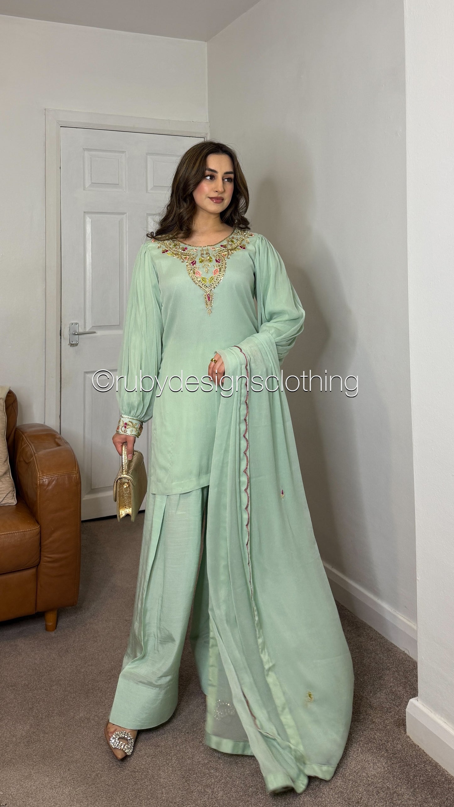 MISSING ITEM (SHALWAR) - SERENE Mint - Luxury 3 Piece Chiffon Suit with Farshi Shalwar