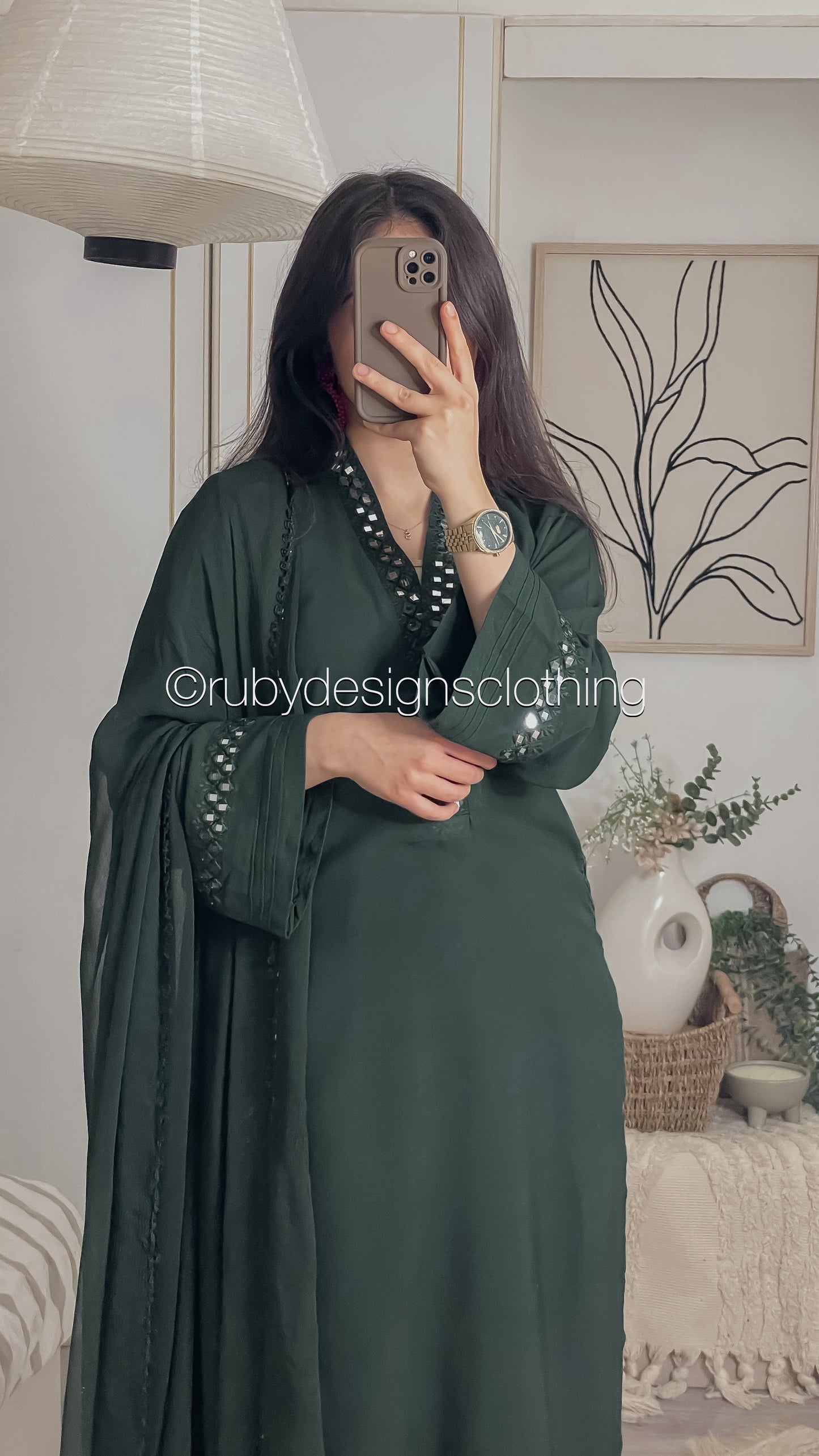 TARA Green - 3 Piece Linen Suit with Mirror Work (8234102456533)