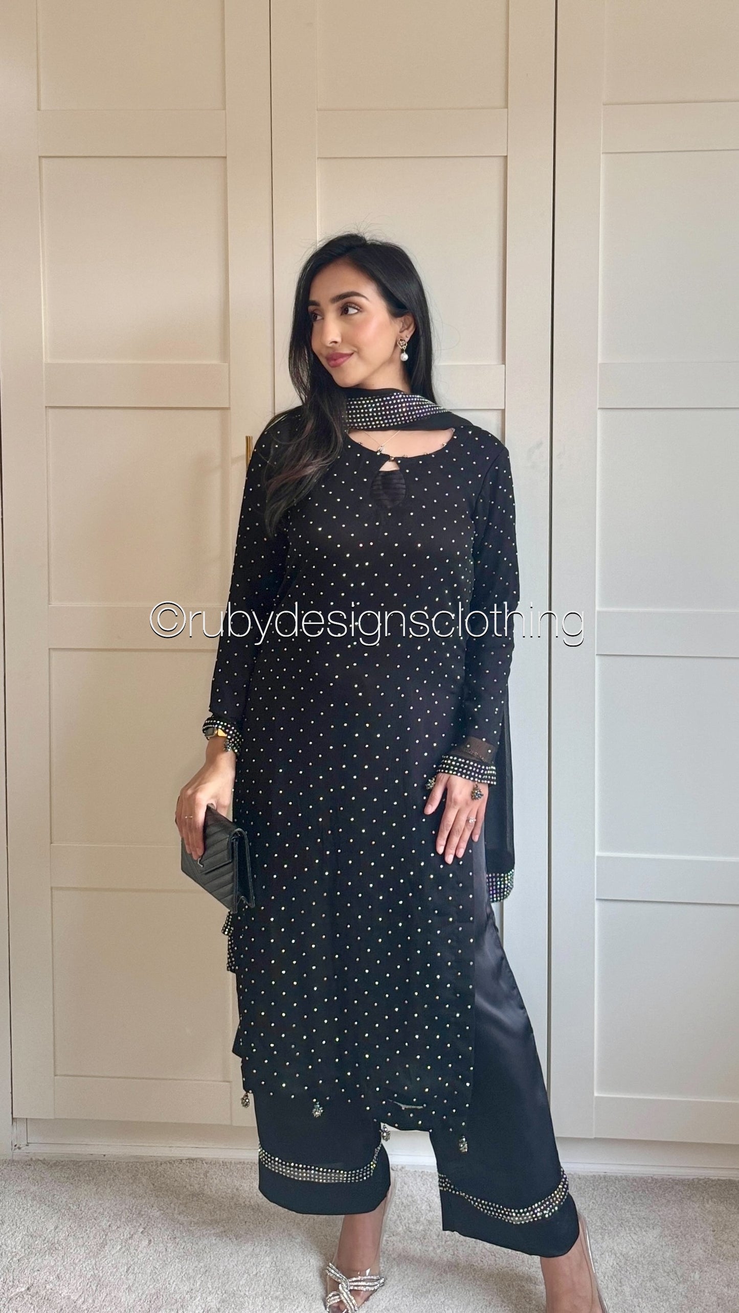 MISSING ITEM (TROUSER and SCARF) - LEENA Noir - 3 Piece Chiffon Suit with Stonework