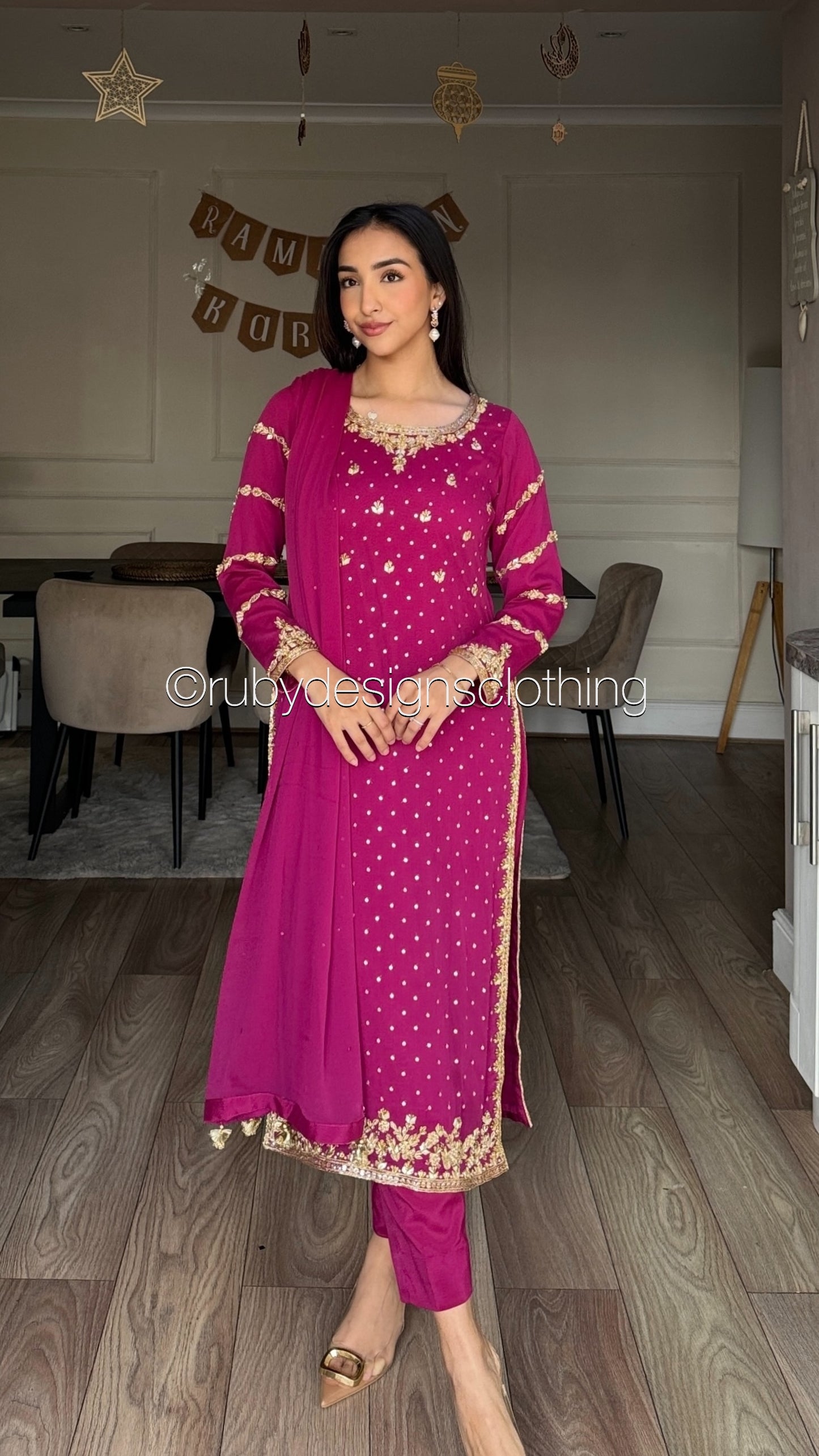 ZAREEN Fuchsia - Luxury 3 Piece Chiffon Suit with Gold Handwork