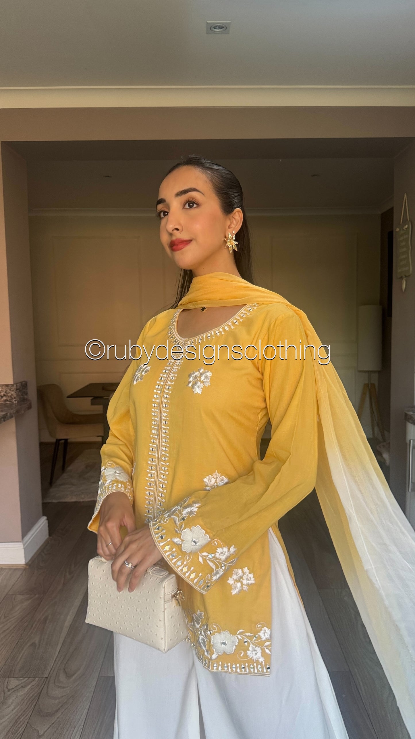 RAYA Mustard - EXCLUSIVE 3 Piece Swiss Lawn Suit with Flowy Wide-Leg Pants