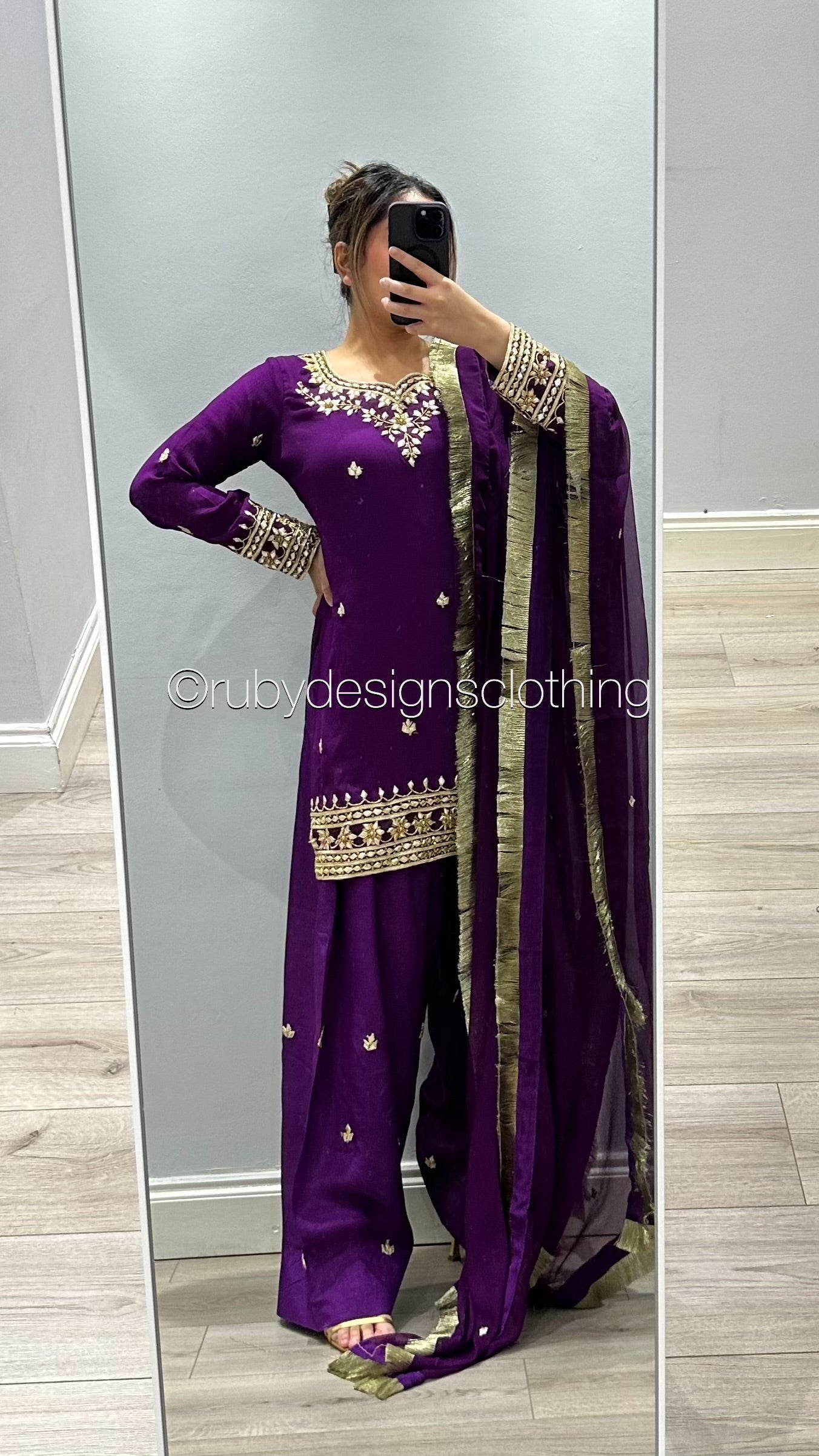 SAJAL Purple - EXCLUSIVE SAMPLE 3 Piece Chiffon Suit with Farshi Shalwar and Gota Handwork