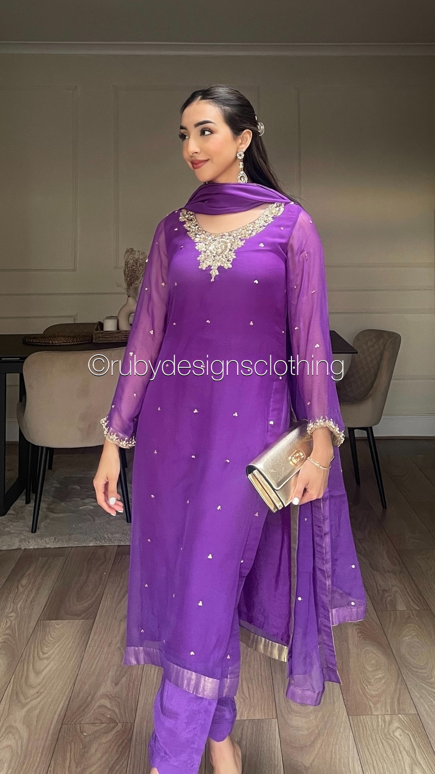 ALVIA Purple - 3 Piece Purple Chiffon Suit with Gold Handwork