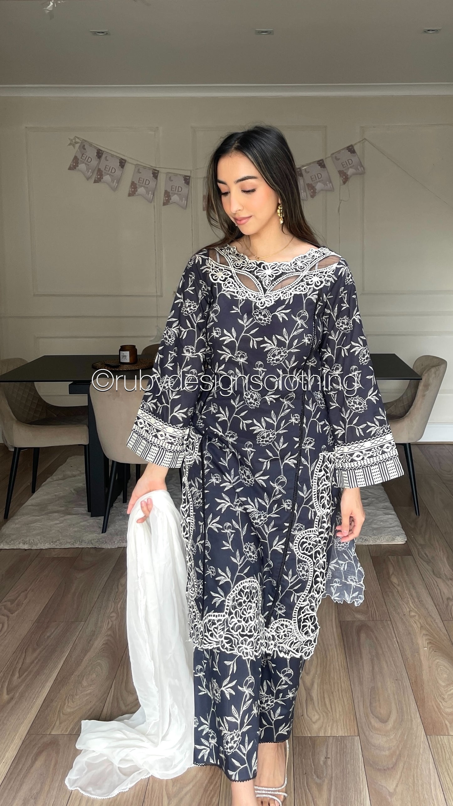HABIBA - 3 Piece Charcoal Grey/Navy Lawn Suit with White Chiffon Dupatta (8583535427797)