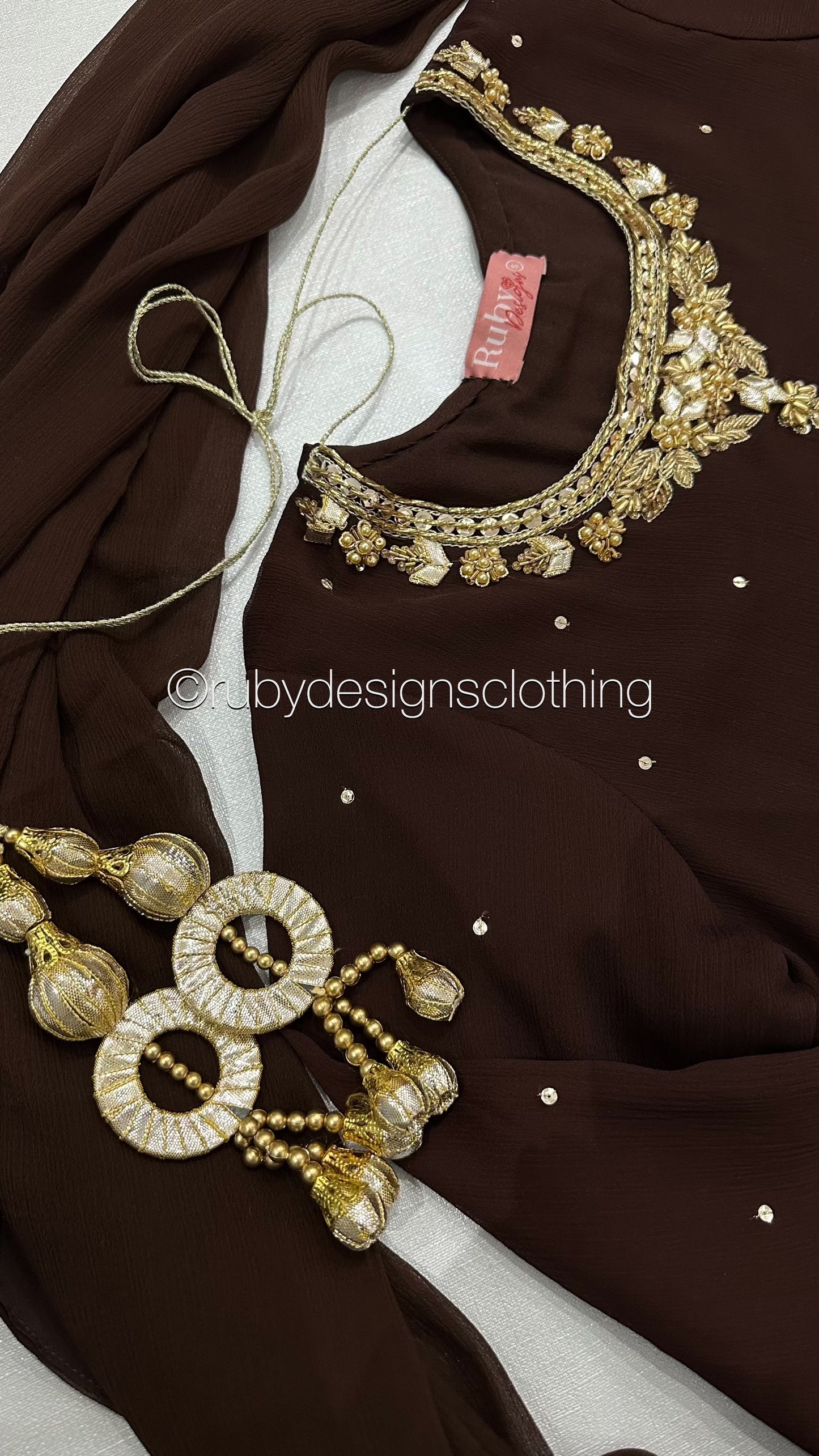 RAHA Mocha - Luxury 3 Piece Chiffon Suit with Farshi Shalwar