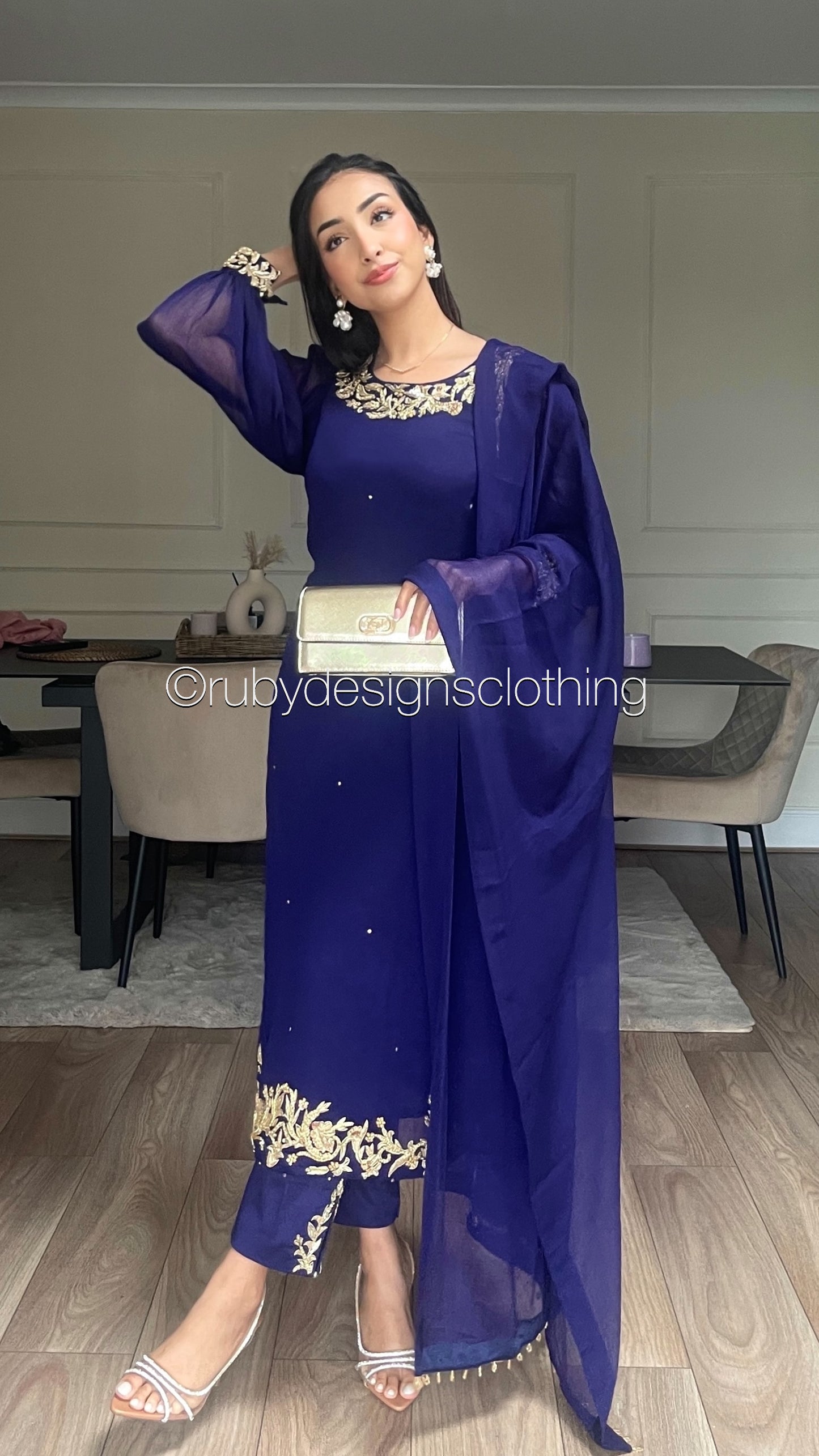 ANEEQA Navy - 4 Piece Chiffon Suit with Gold Handwork (8094541480149)