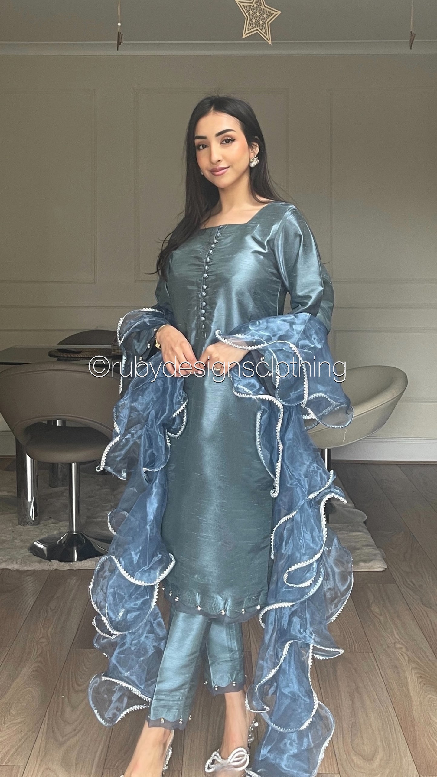 ALEEZA Blue - 3 Piece Raw Silk Suit with Ruffle Dupatta (8210381799637)