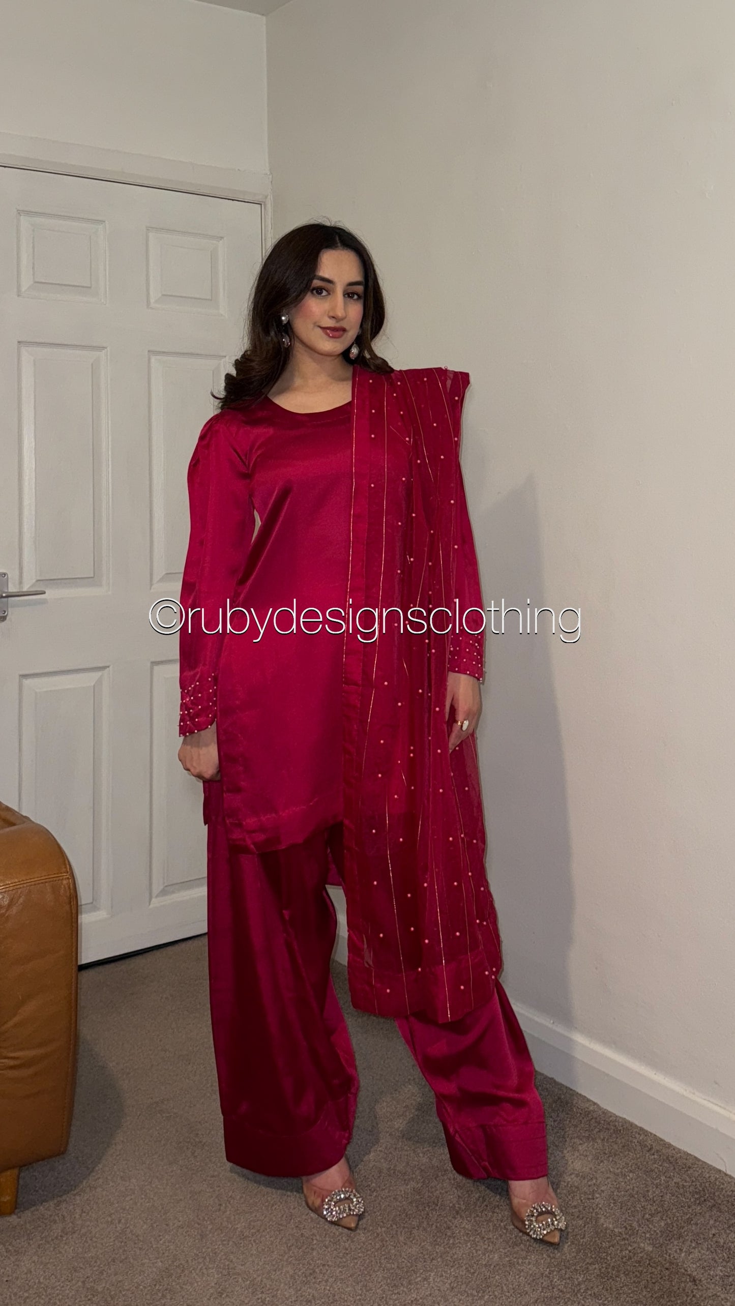 ELAYA Rose - 3 Piece Silk Suit with Farshi Shalwar