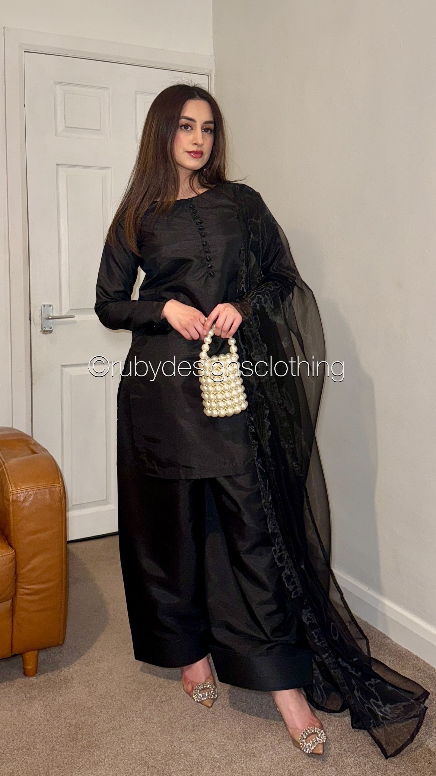 MAIRA Noir - 3 Piece Korean Raw Silk Suit with Farshi Shalwar