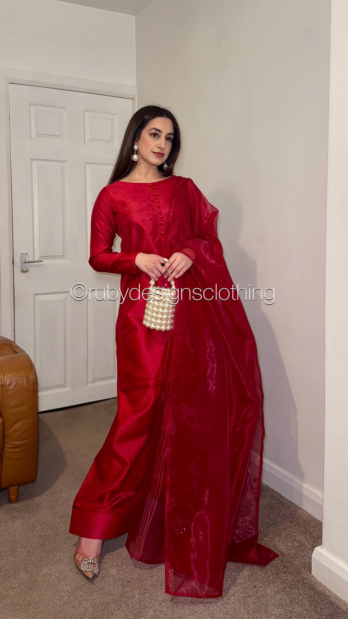 MAIRA Rouge - 3 Piece Korean Raw Silk Suit with Farshi Shalwar