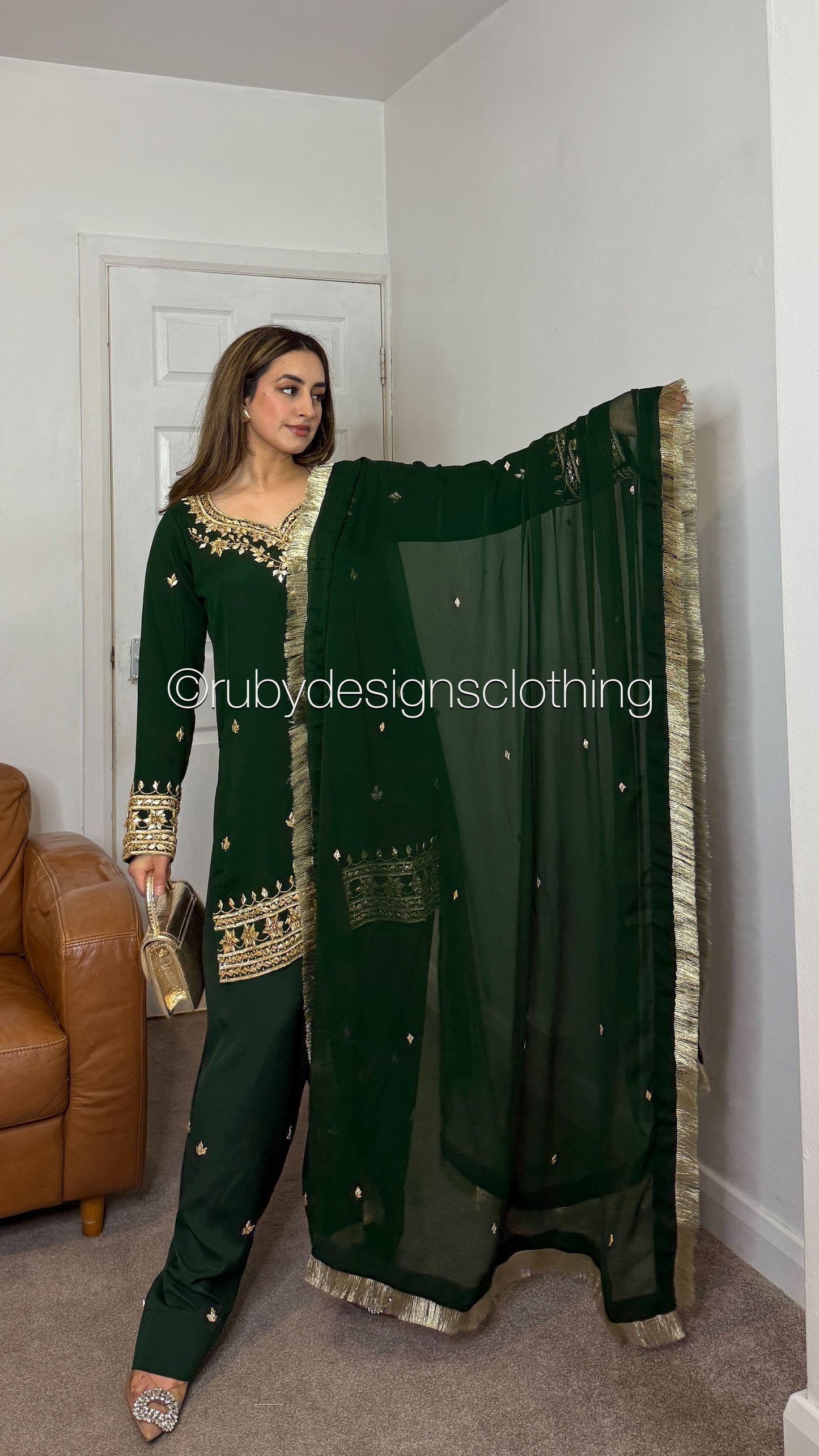 SAJAL Emerald - 3 Piece Chiffon Suit with Farshi Shalwar and Gota Handwork