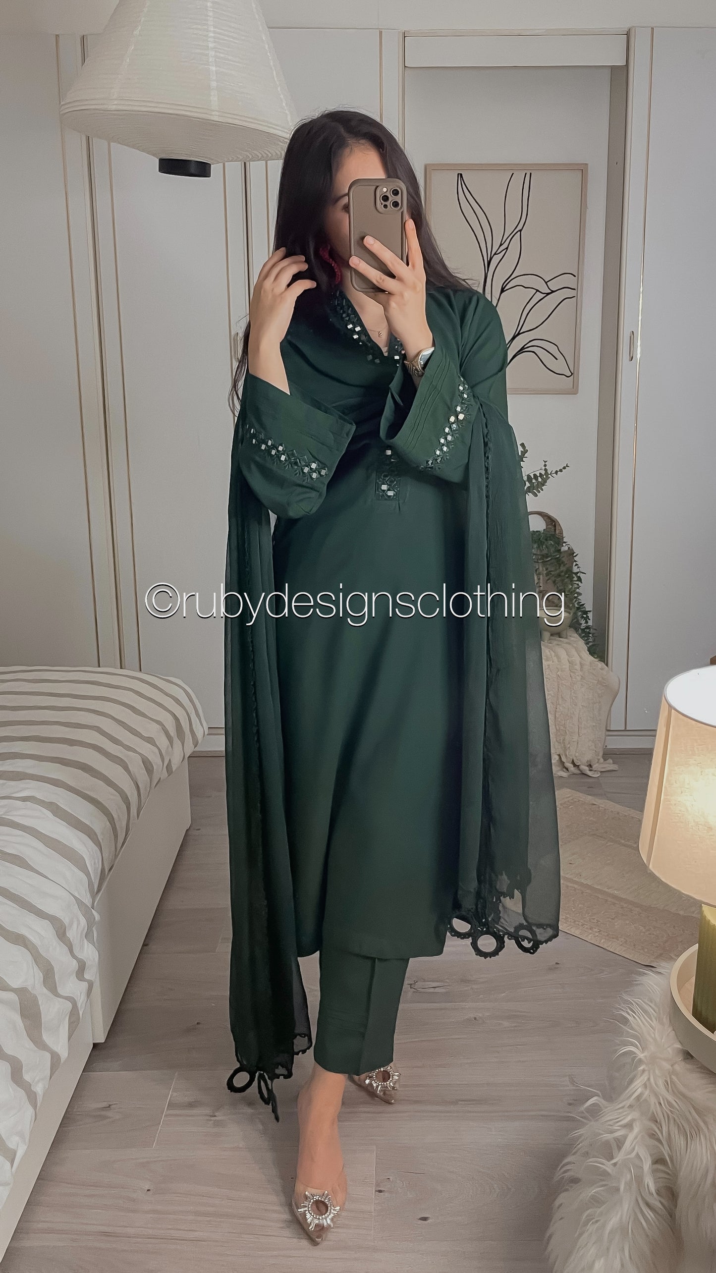 TARA Green - 3 Piece Linen Suit with Mirror Work (8234102456533)