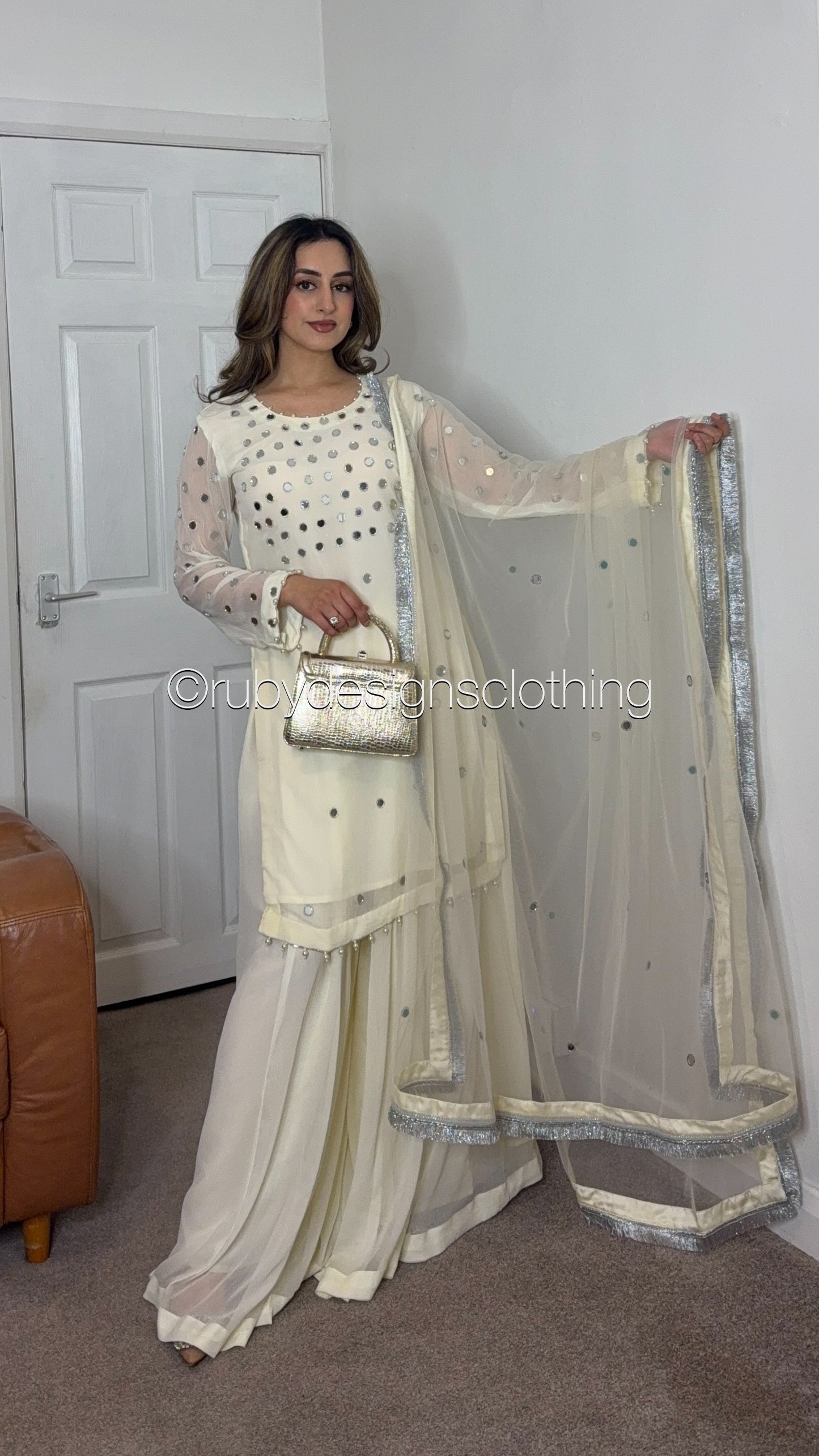 AMREEN Pearl - EXCLUSIVE 3 Piece Chiffon Sharara with Mirror Work