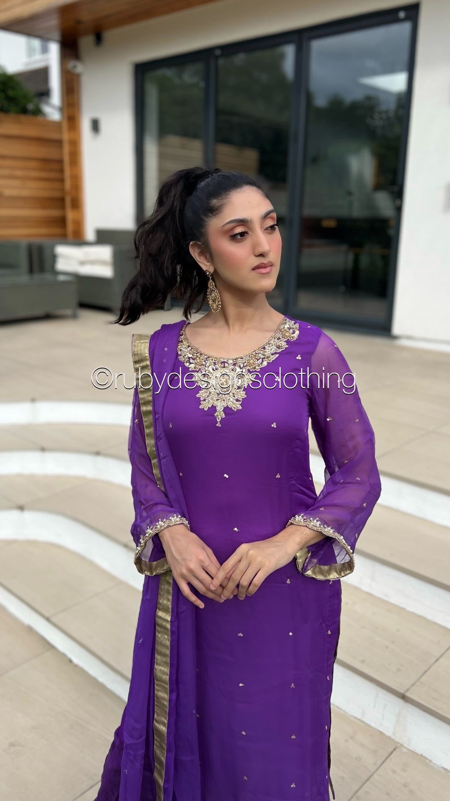 ALVIA Purple - 3 Piece Purple Chiffon Suit with Gold Handwork