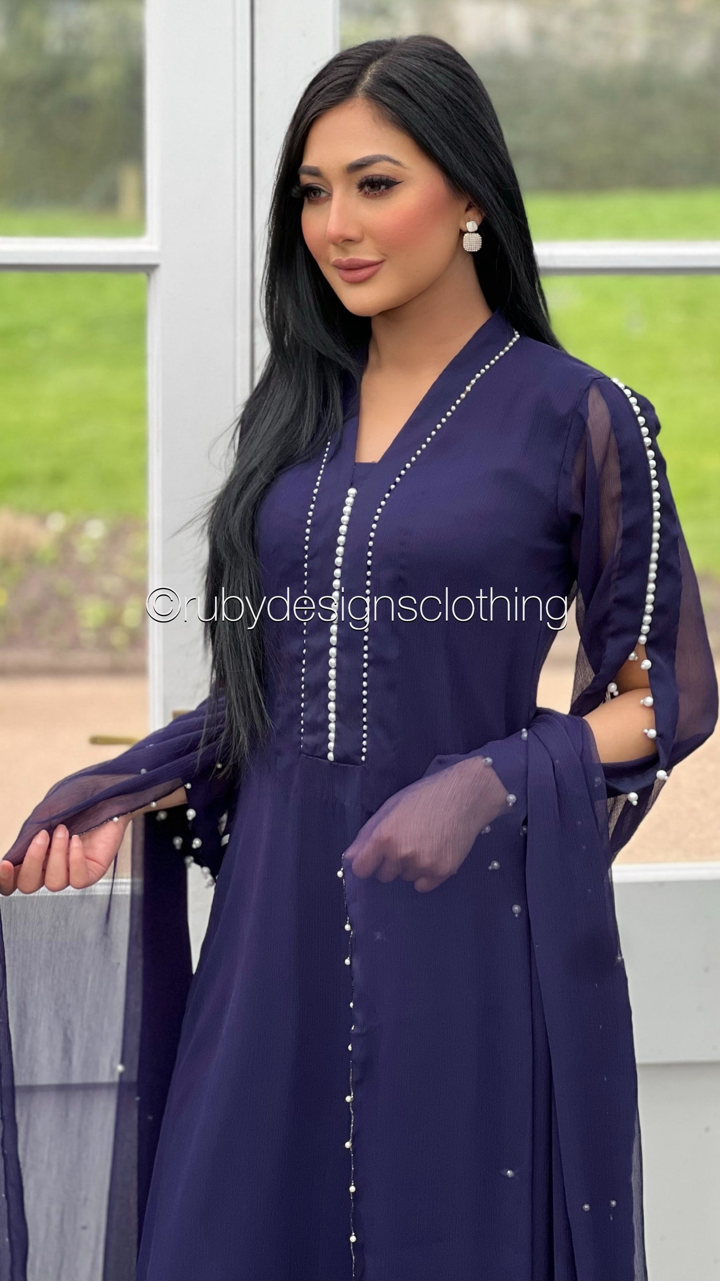 DUA Navy - 3 Piece Navy Chiffon Suit with Chiffon Dupatta and Pearls