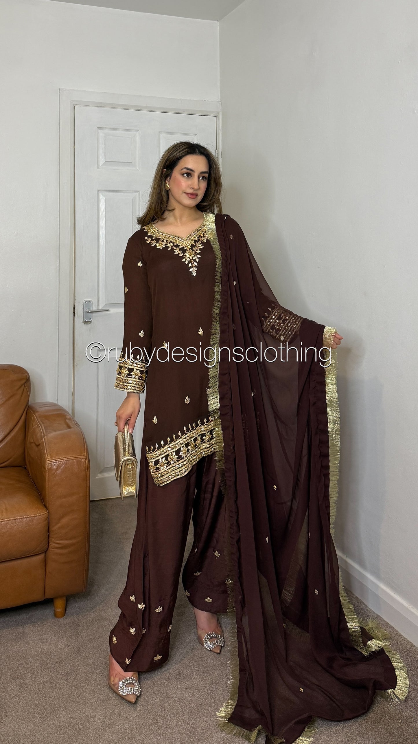 SAJAL Cocoa - 3 Piece Chiffon Suit with Farshi Shalwar and Gota Handwork