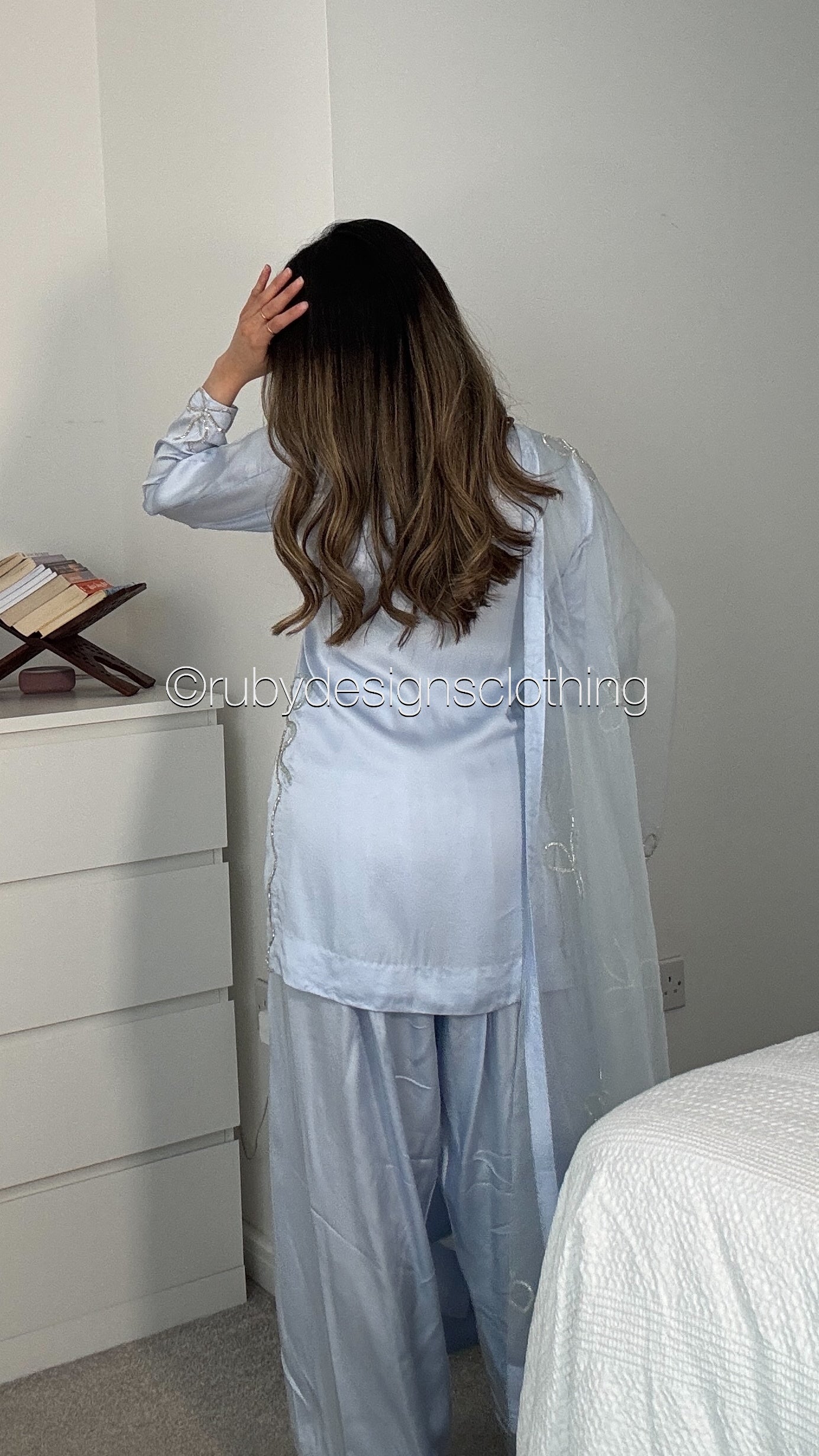 SAYLA Sky - 3 Piece Silk Bow Suit with Farshi Shalwar
