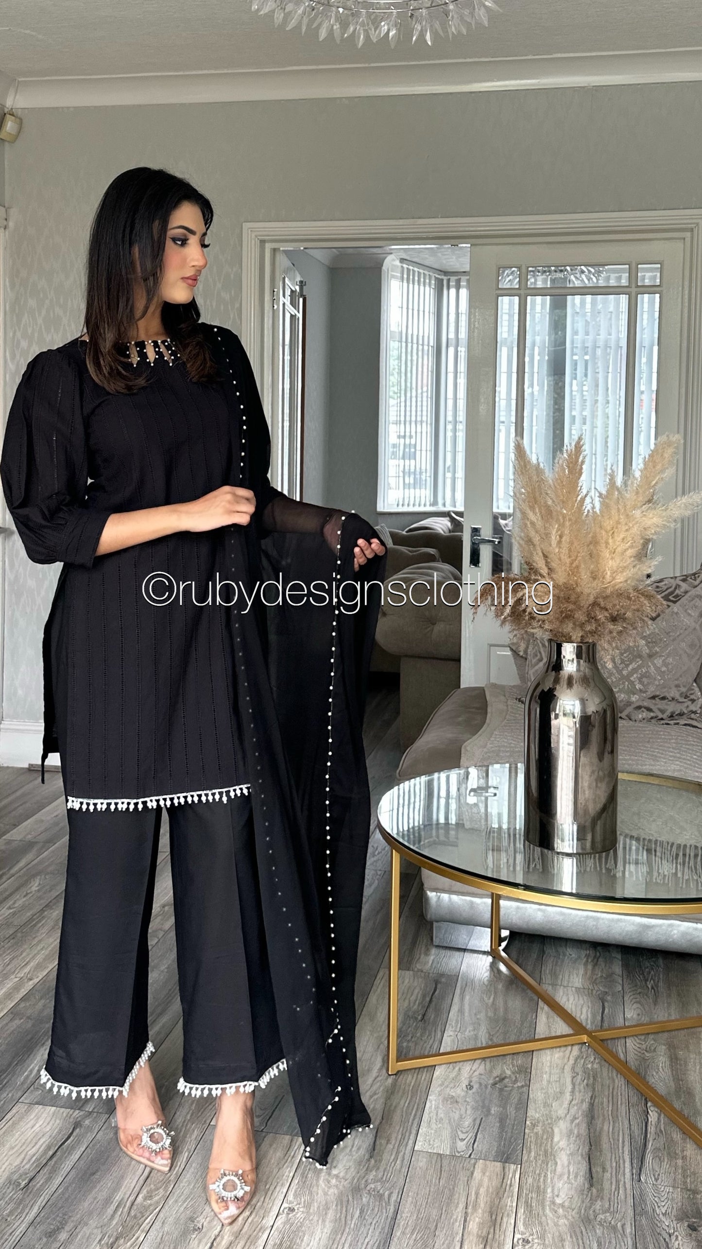 HUSNA - 3 Piece Black Lawn Suit with Pearl Details (8090380599509) (8747900109013)