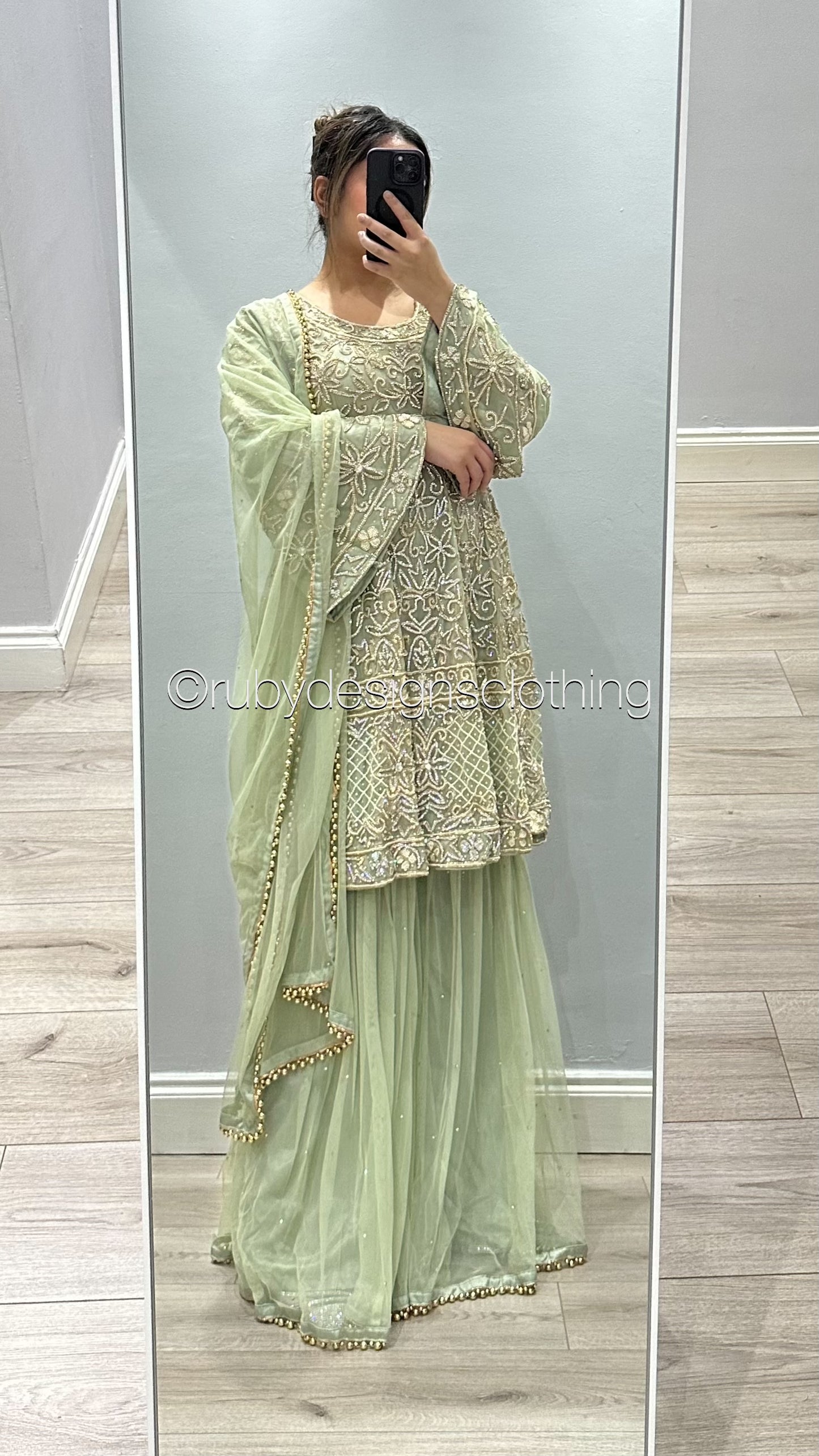 MAHIRAH - EXCLUSIVE SAMPLE 3 Piece Mint Peplum with Gharara