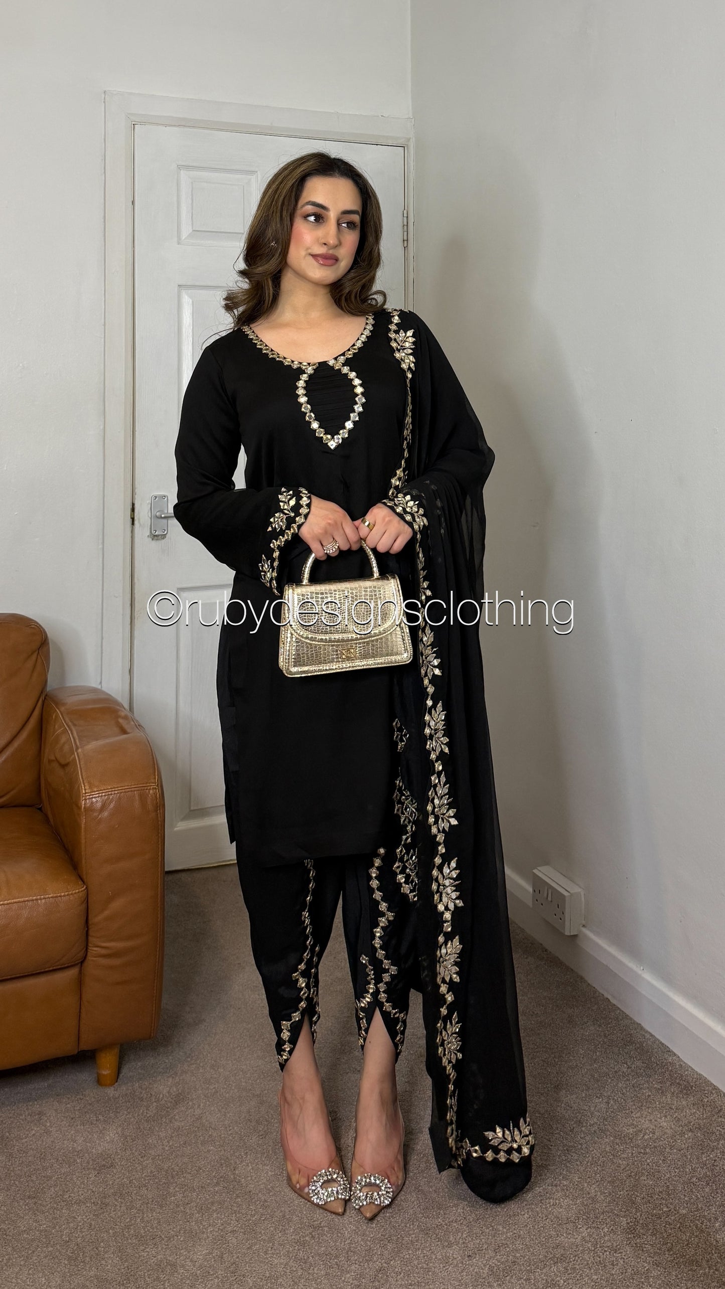 AQSA Noir - 3 Piece Chiffon Suit with Tulip Trouser