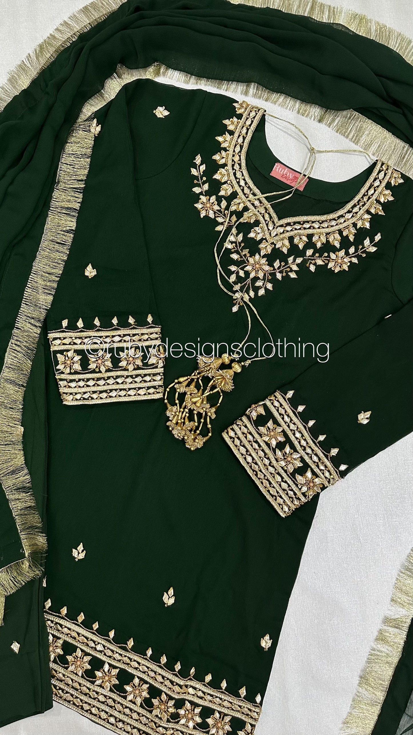 SAJAL Emerald - 3 Piece Chiffon Suit with Farshi Shalwar and Gota Handwork