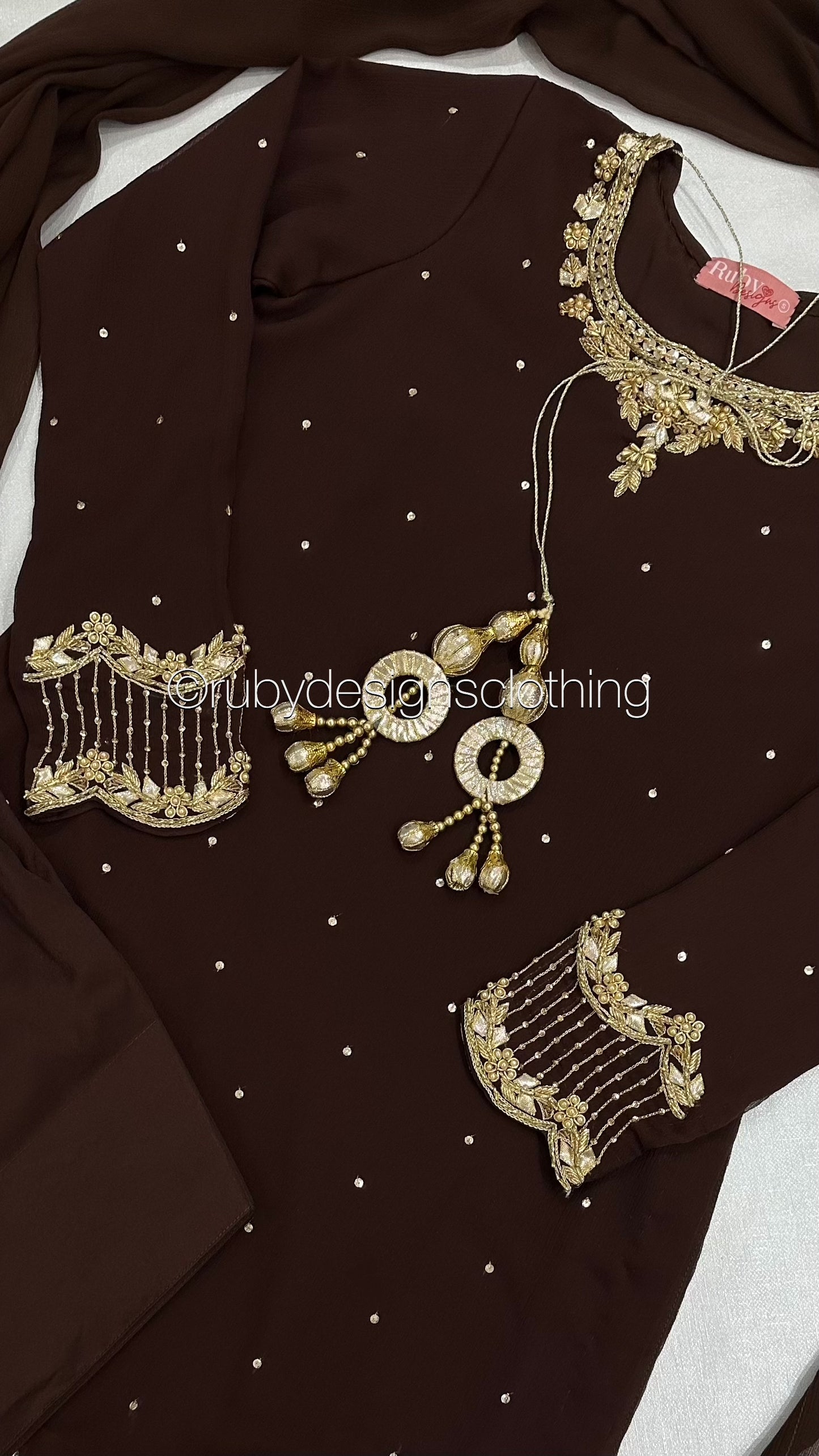 RAHA Mocha - Luxury 3 Piece Chiffon Suit with Farshi Shalwar