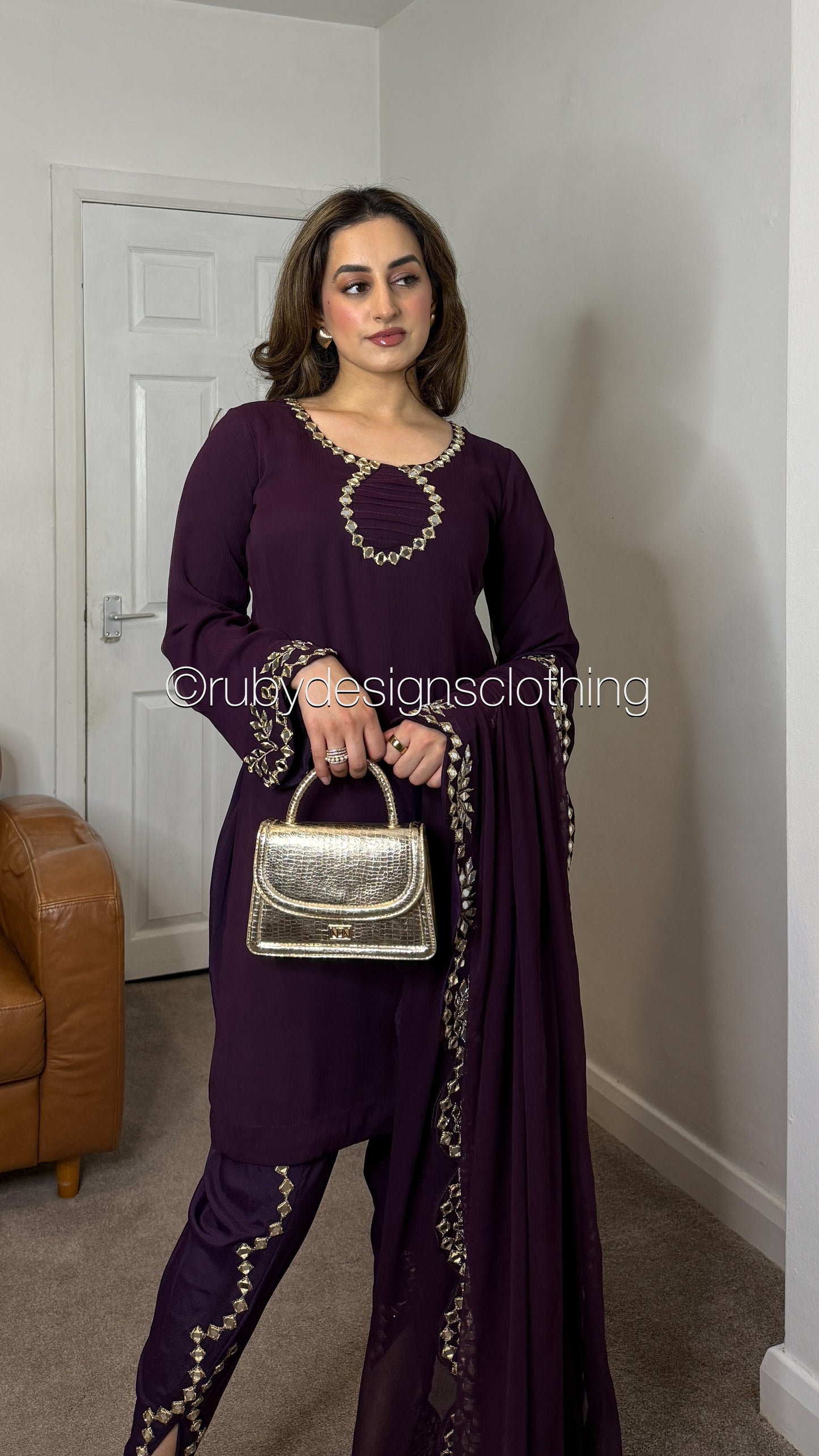 AQSA Plum - 3 Piece Chiffon Suit with Tulip Trouser