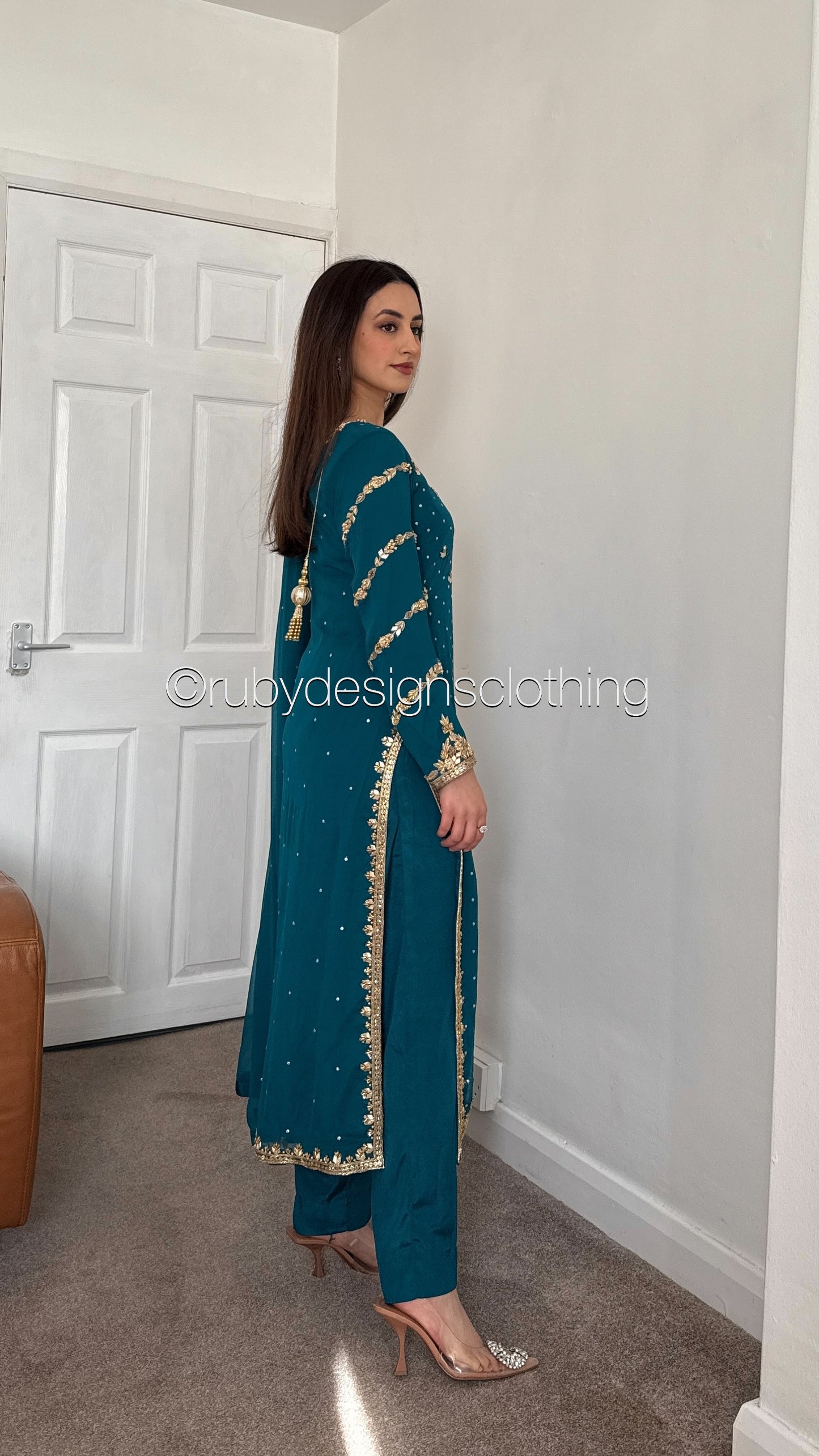 ZAREEN Teal - Luxury 3 Piece Chiffon Suit with Gold Handwork