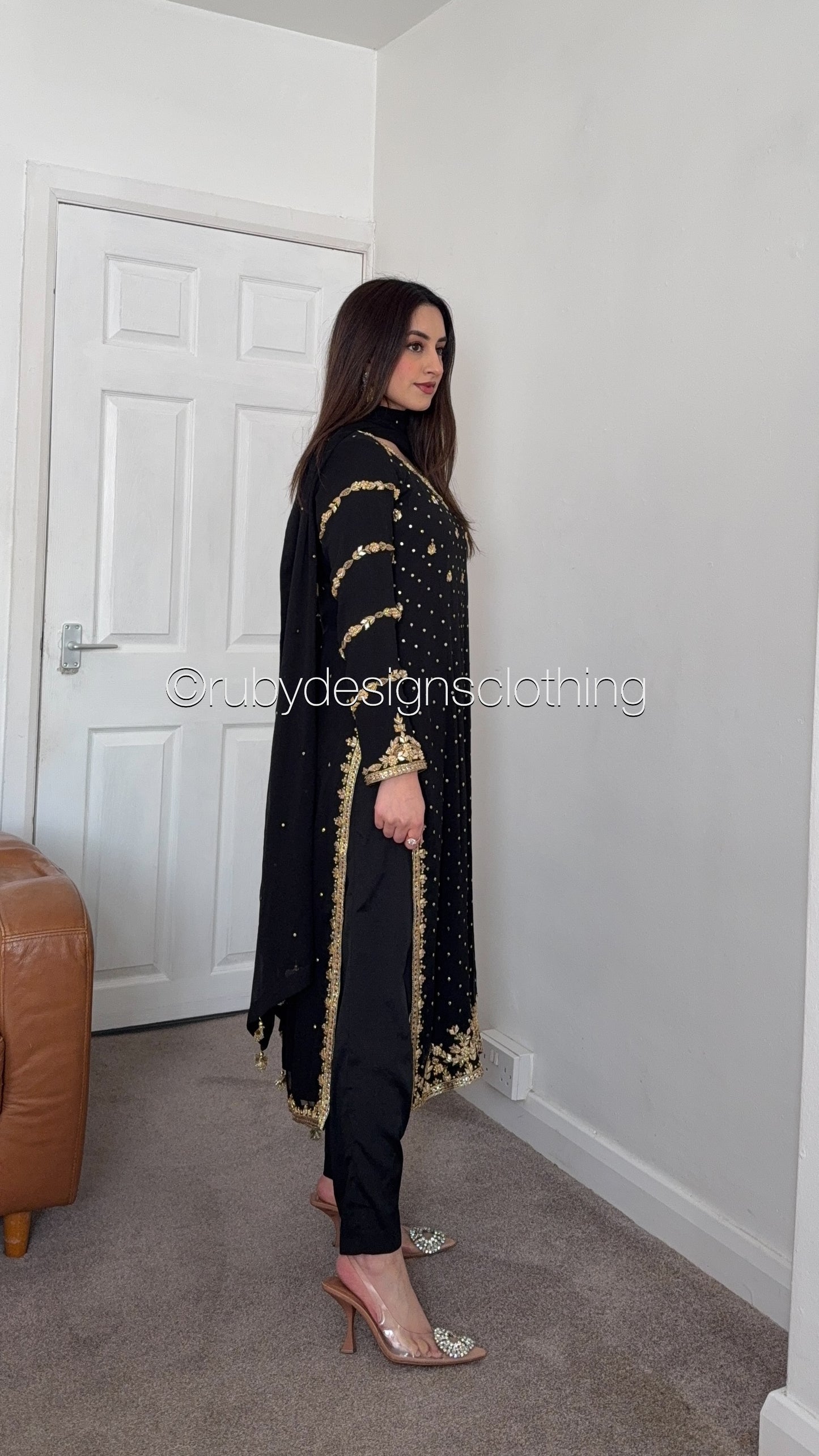 ZAREEN Noir - Luxury 3 Piece Chiffon Suit with Gold Handwork