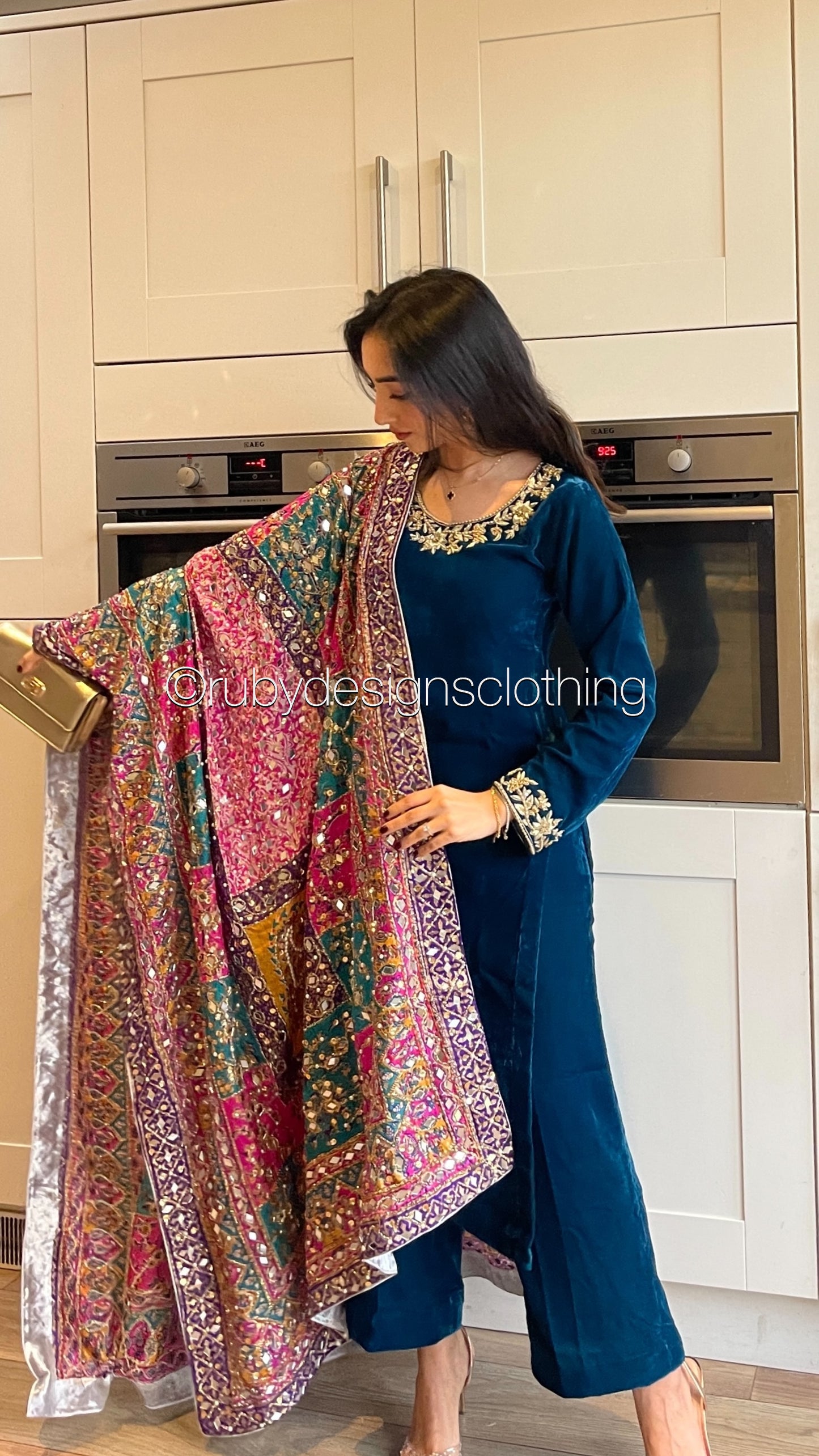 NADIRA - 3 Piece Luxury Velvet Suit with Heavy Mirror Shawl (8250171031765)