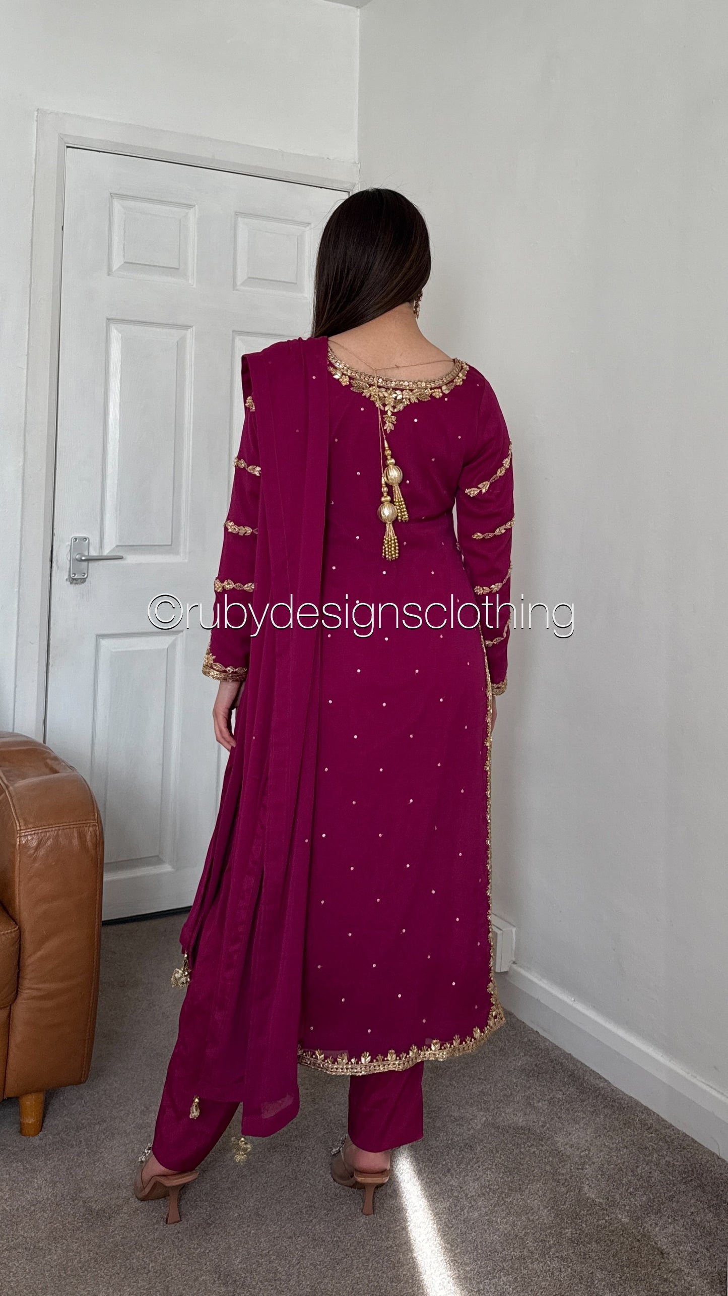 ZAREEN Fuchsia - Luxury 3 Piece Chiffon Suit with Gold Handwork