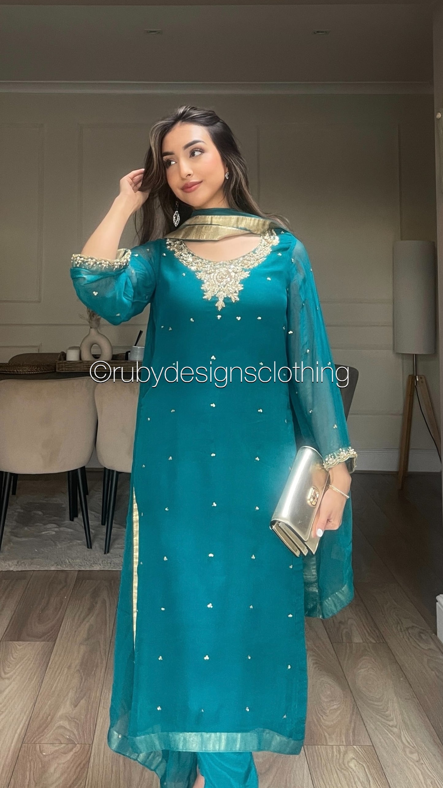 ALVIA Teal - 3 Piece Teal Chiffon Suit with Gold Handwork (8295034847445)