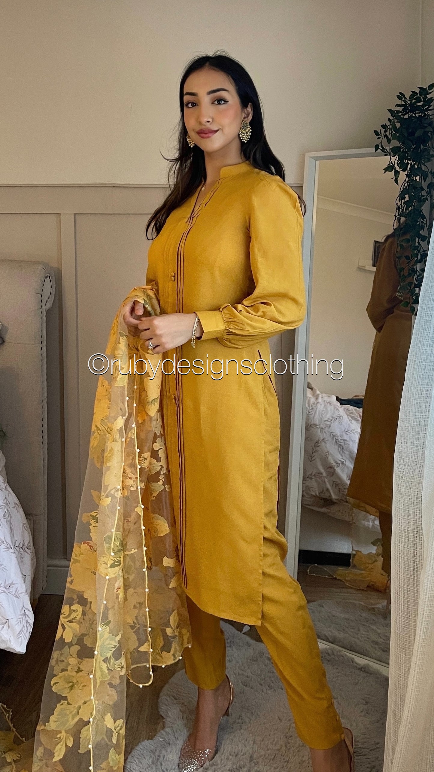 TAHERA- 3 Piece Mustard Linen Suit with Organza Dupatta (8219888353493)