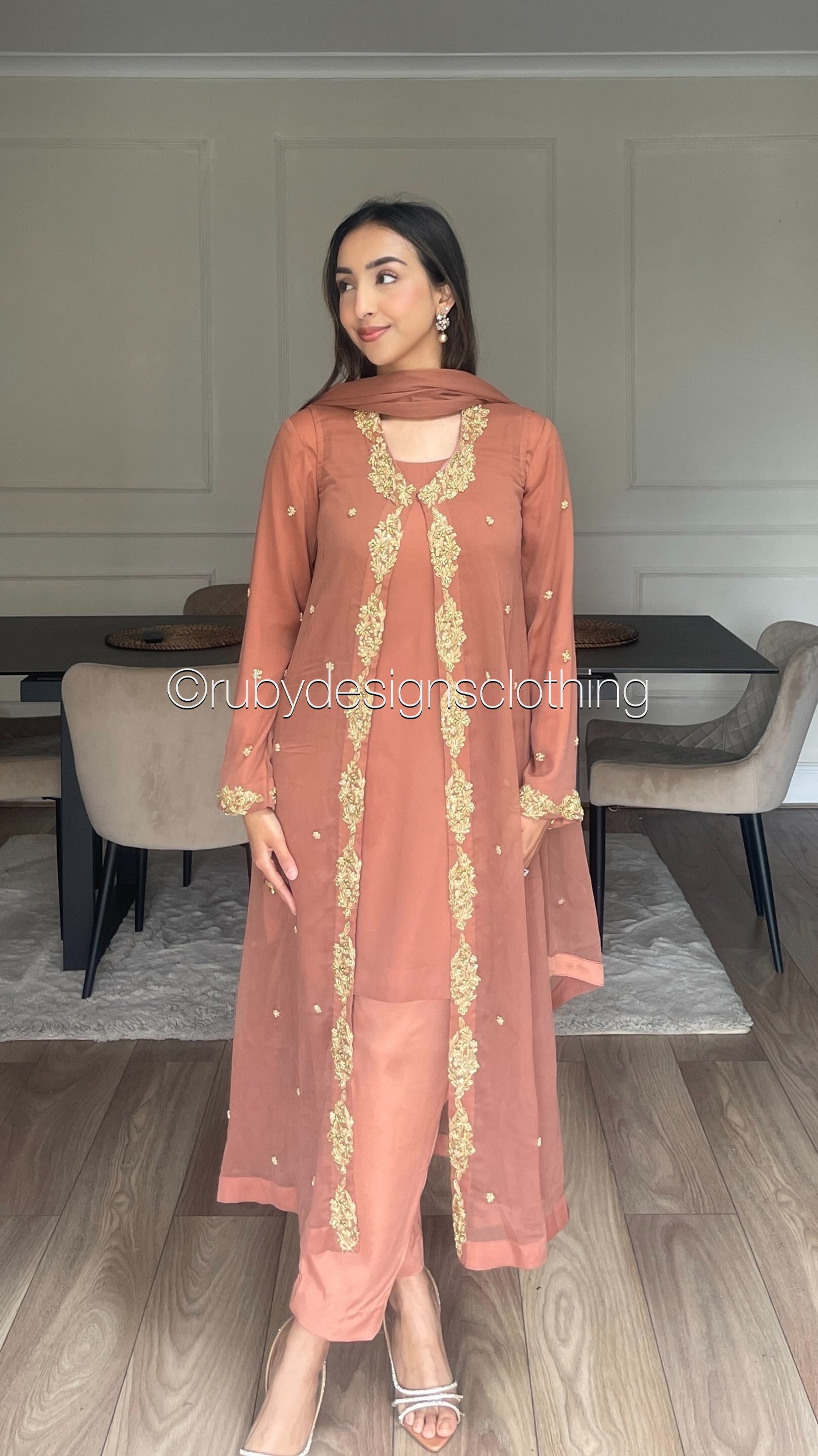 SORAYA - 4 Piece Chiffon Suit with Jacket and Gold Handwork