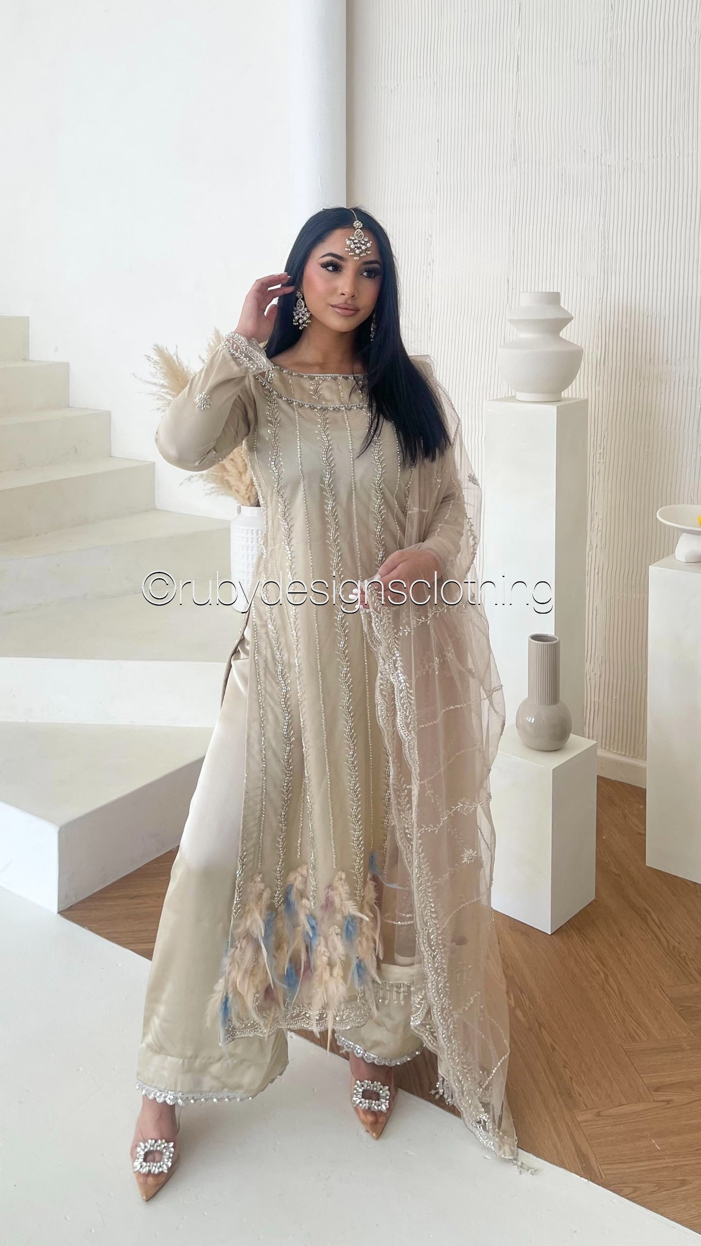 ELARA Pearl - 3 Piece Ivory Net Suit with Heavy Cutdana Work